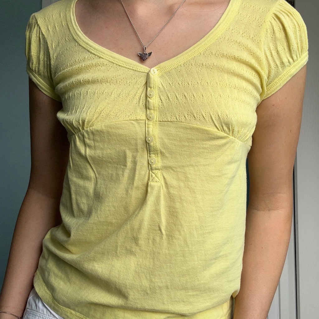 Vintage Miss Selfridge butter yellow Henley style button down top