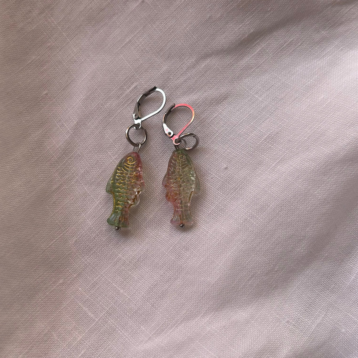 Pink and green fish earrings