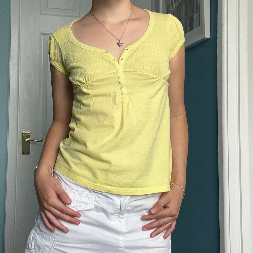 Vintage Miss Selfridge butter yellow Henley style button down top