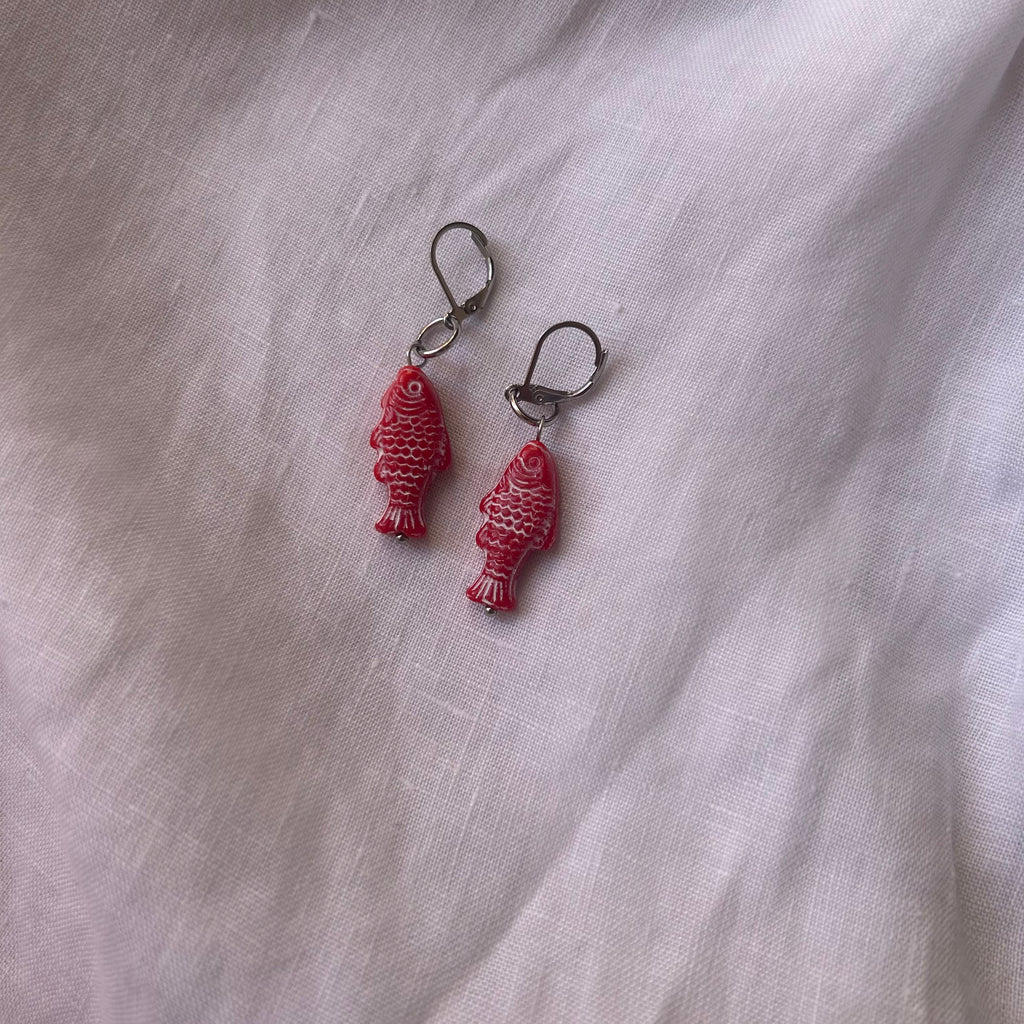 Red Czech glass fish earrings