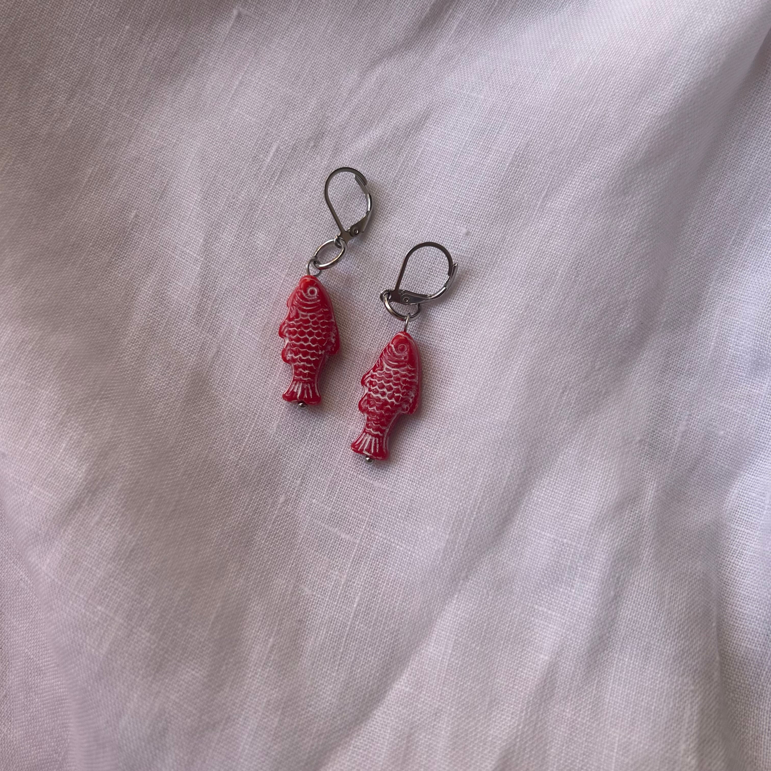Red Czech glass fish earrings