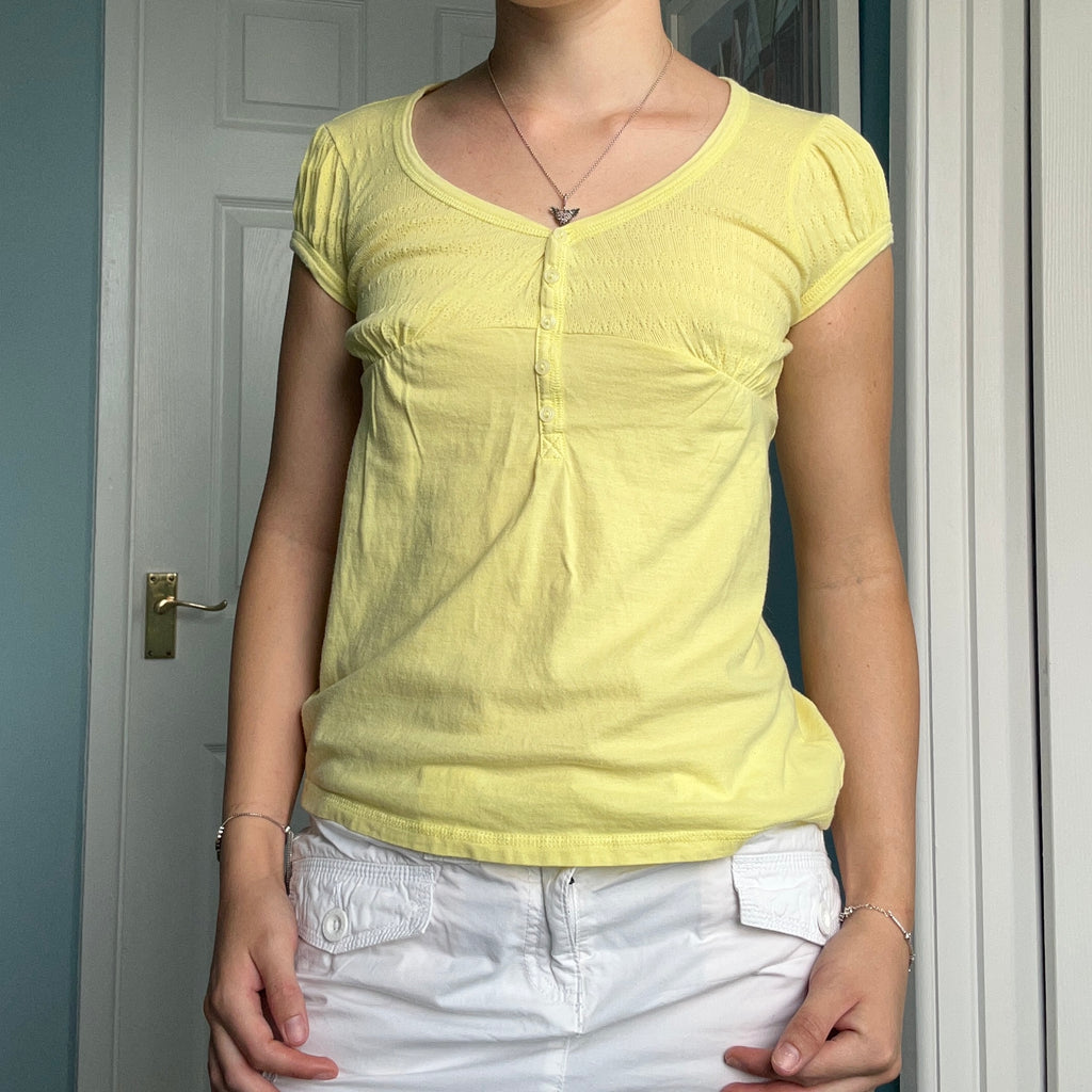 Vintage Miss Selfridge butter yellow Henley style button down top
