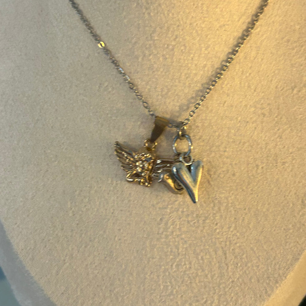 Gold & Silver angel, heart and bird necklace