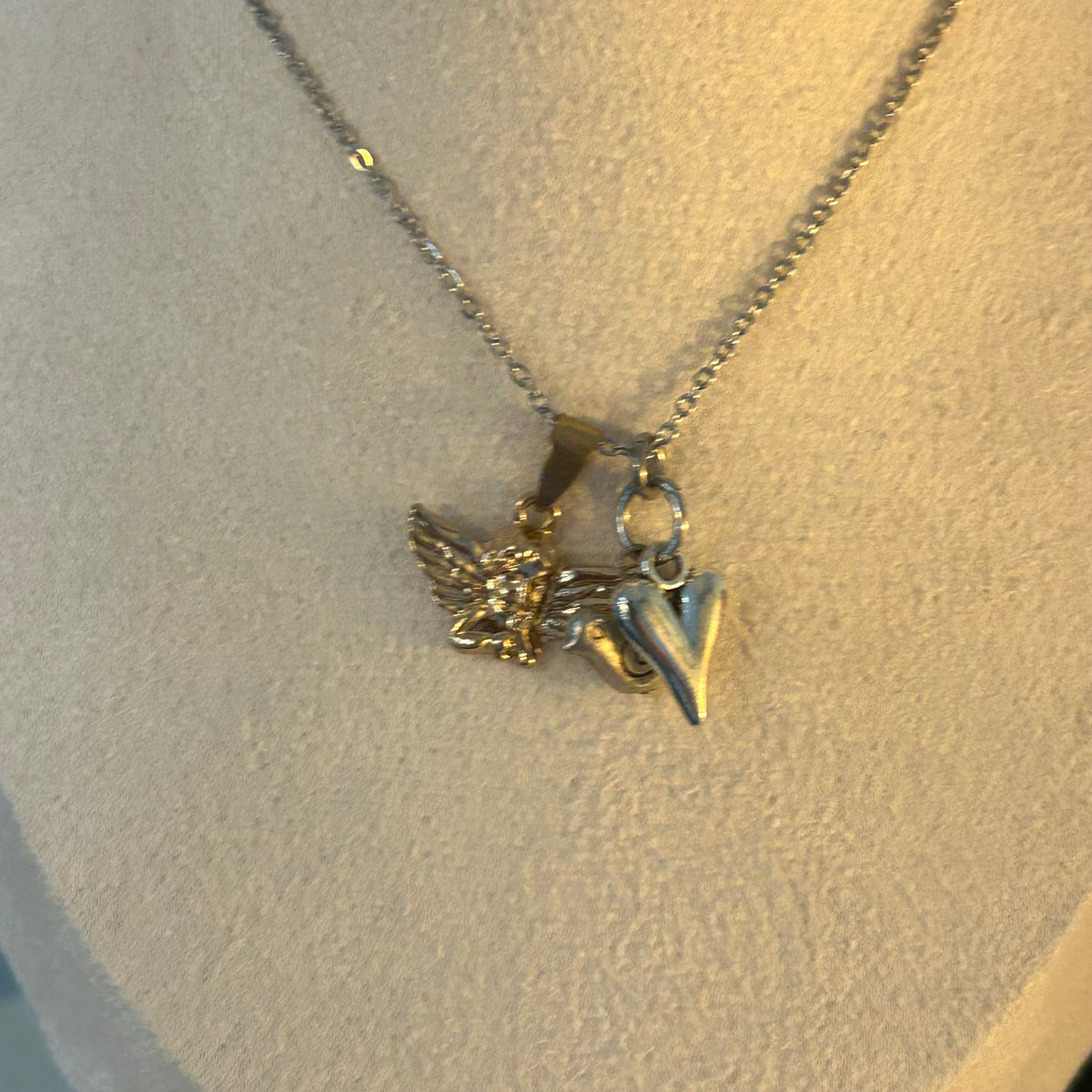 Gold & Silver angel, heart and bird necklace