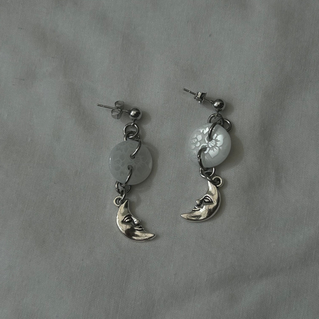 White button moon stud earrings