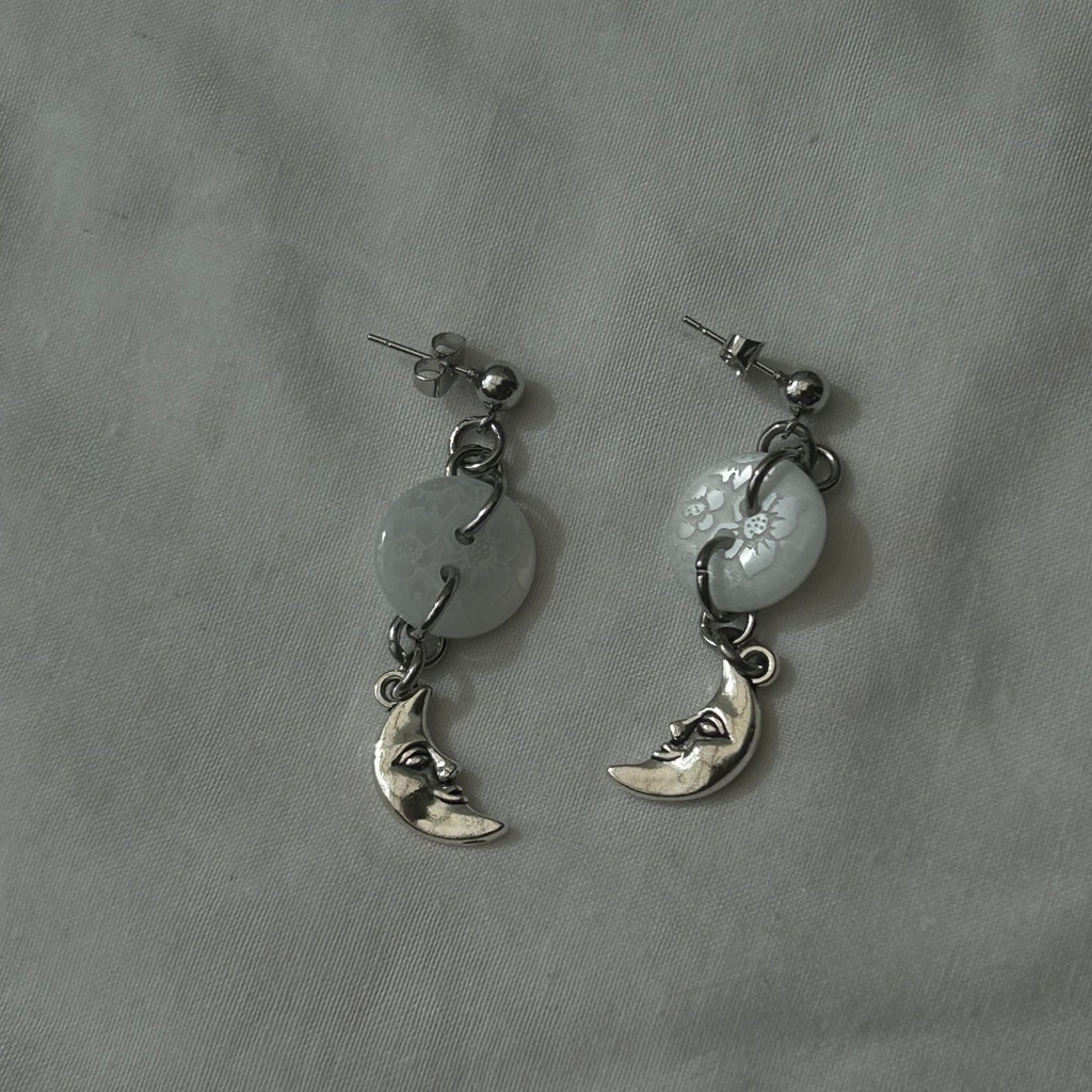 White button moon stud earrings