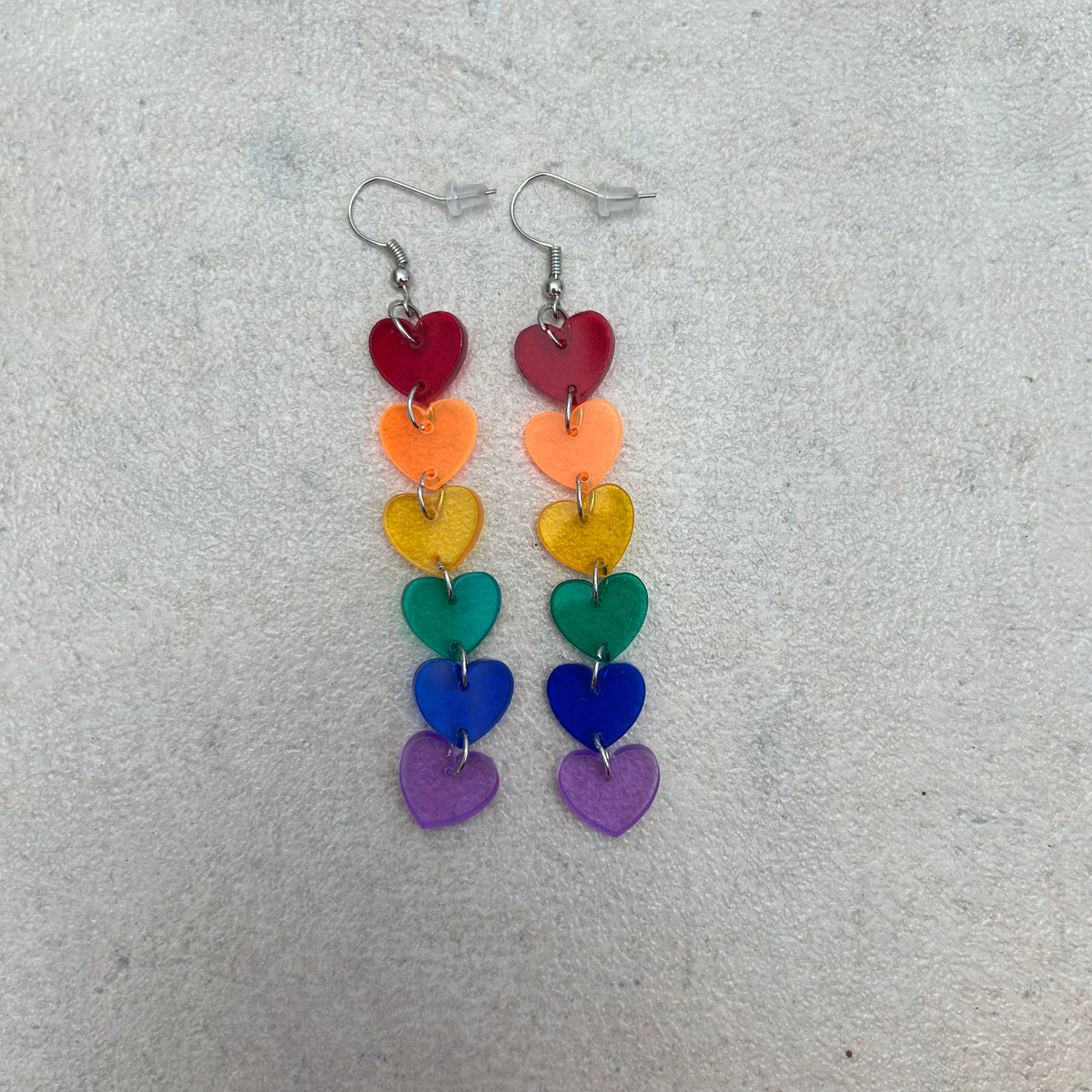 Rainbow coloured acrylic heart earrings