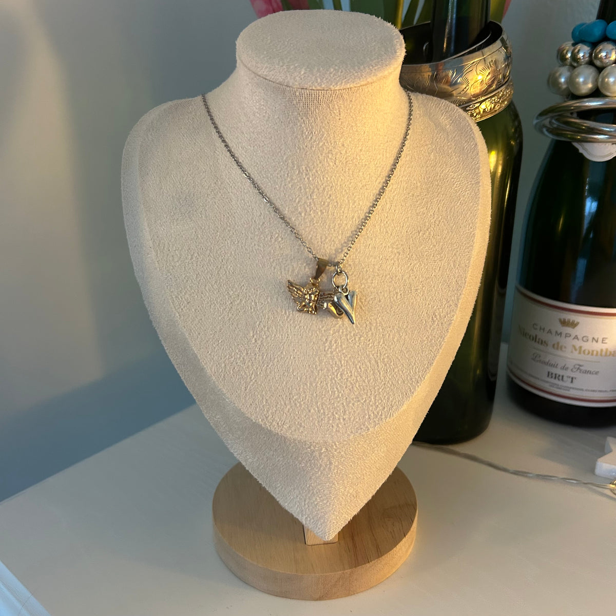 Gold & Silver angel, heart and bird necklace