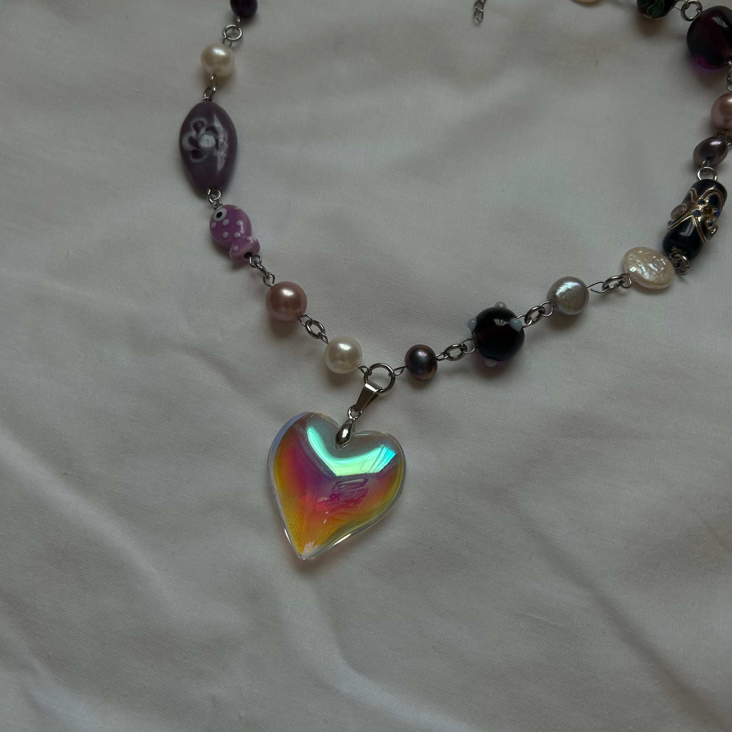 Iridescent glass heart necklace
