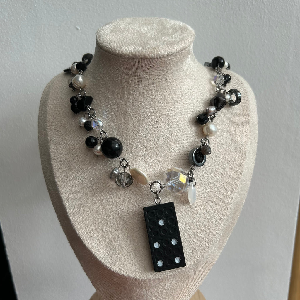 Polka dot b&w domino pendant necklace