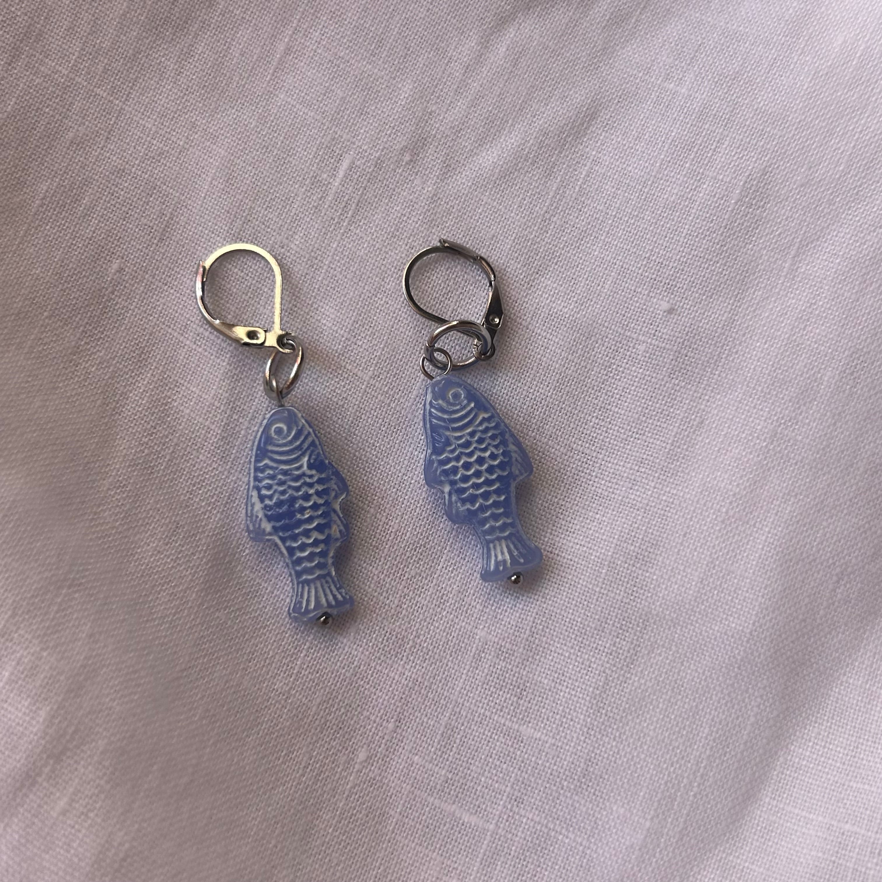 White on blue fish earrings