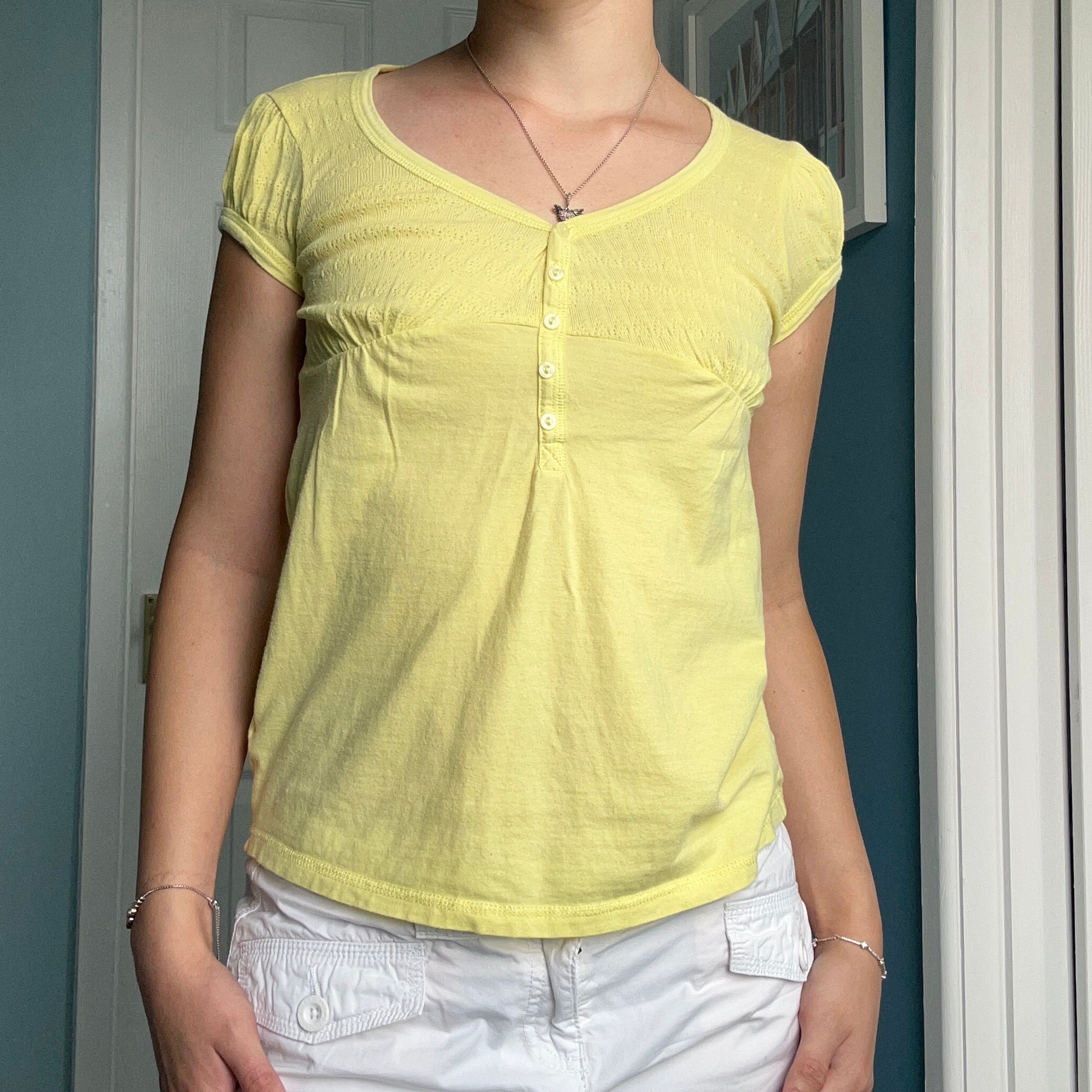 Vintage Miss Selfridge butter yellow Henley style button down top