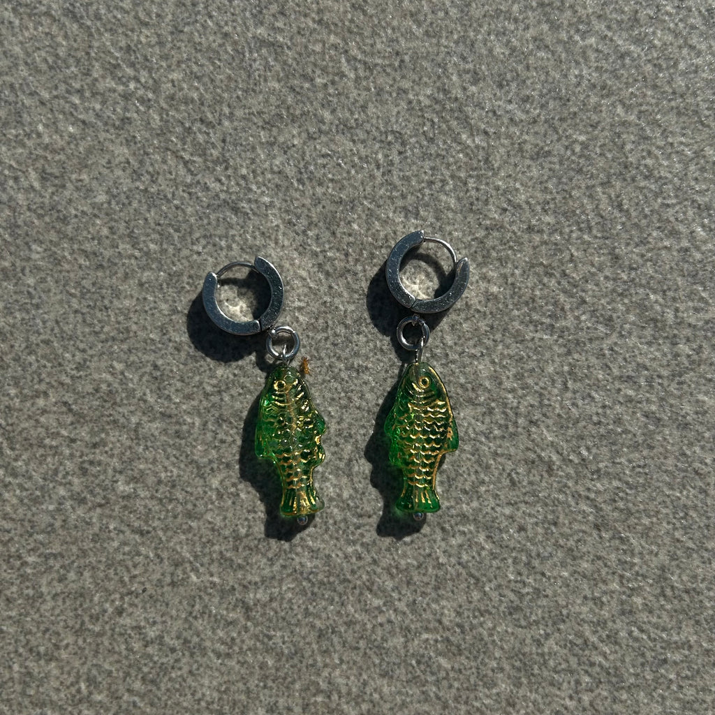 jelly dark green fish earrings