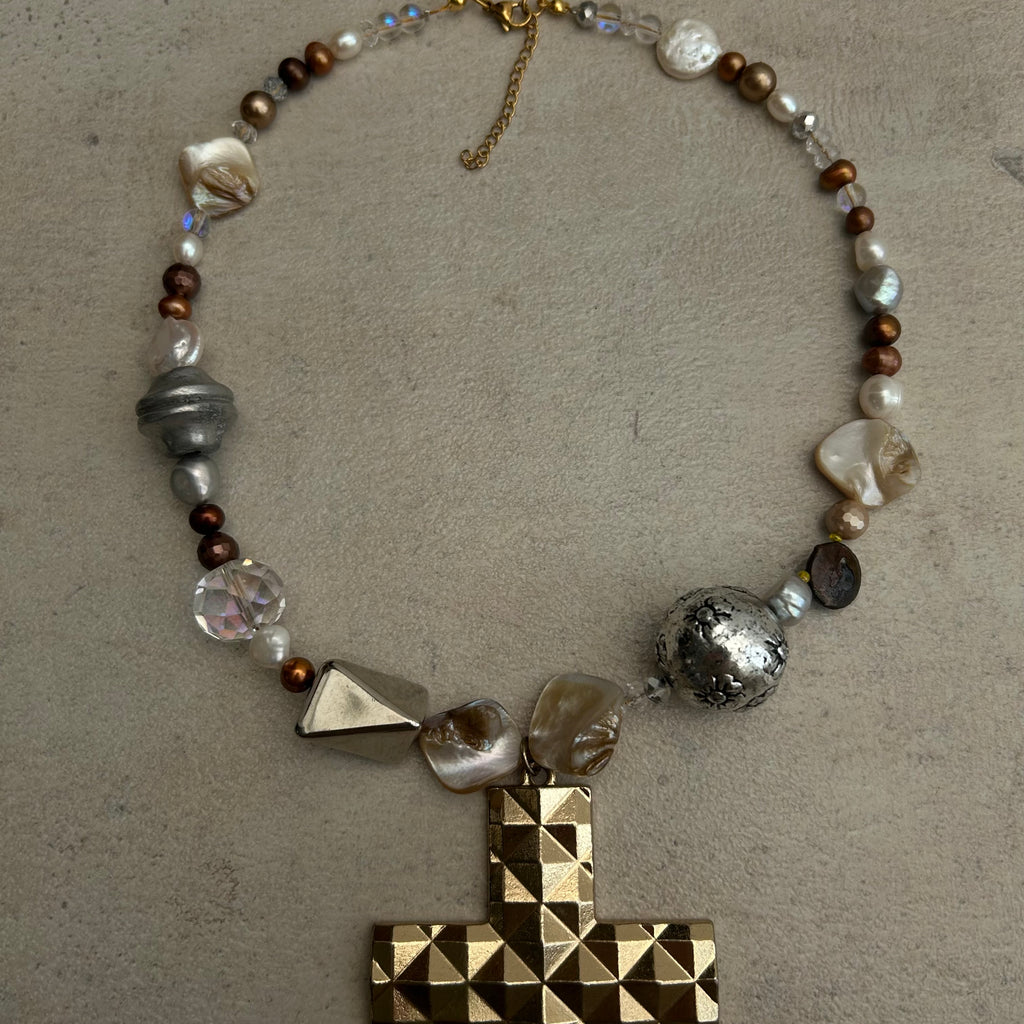 Chunky cross mixed metals necklace