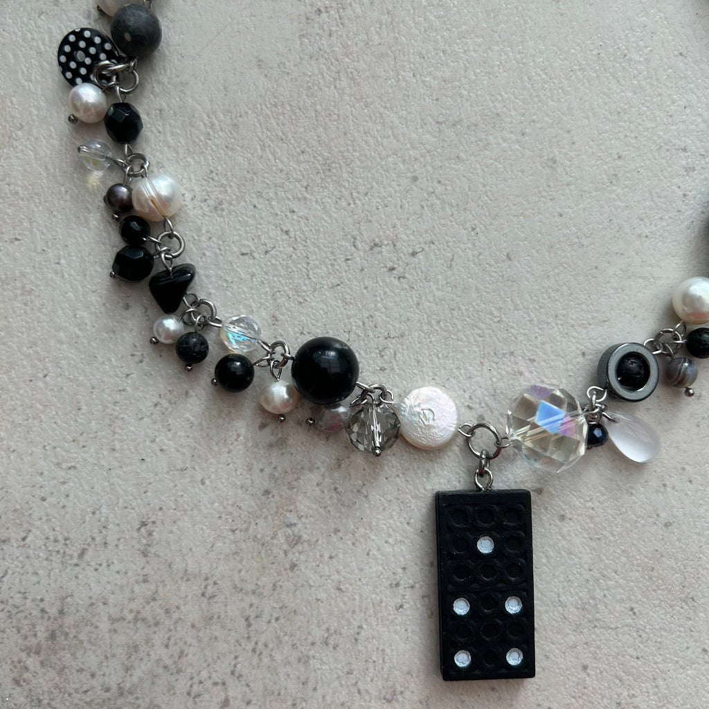 Polka dot b&w domino pendant necklace