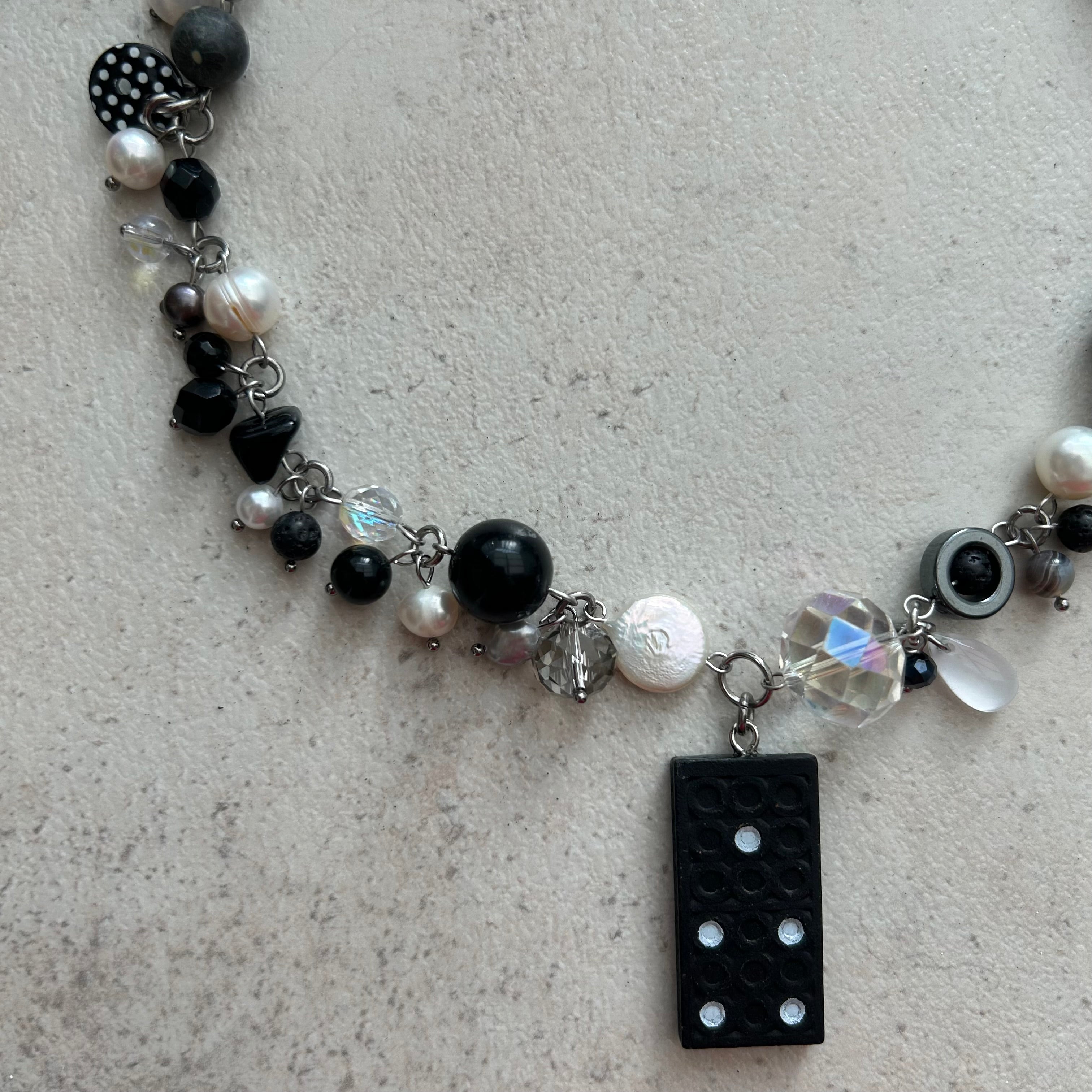 Polka dot b&w domino pendant necklace