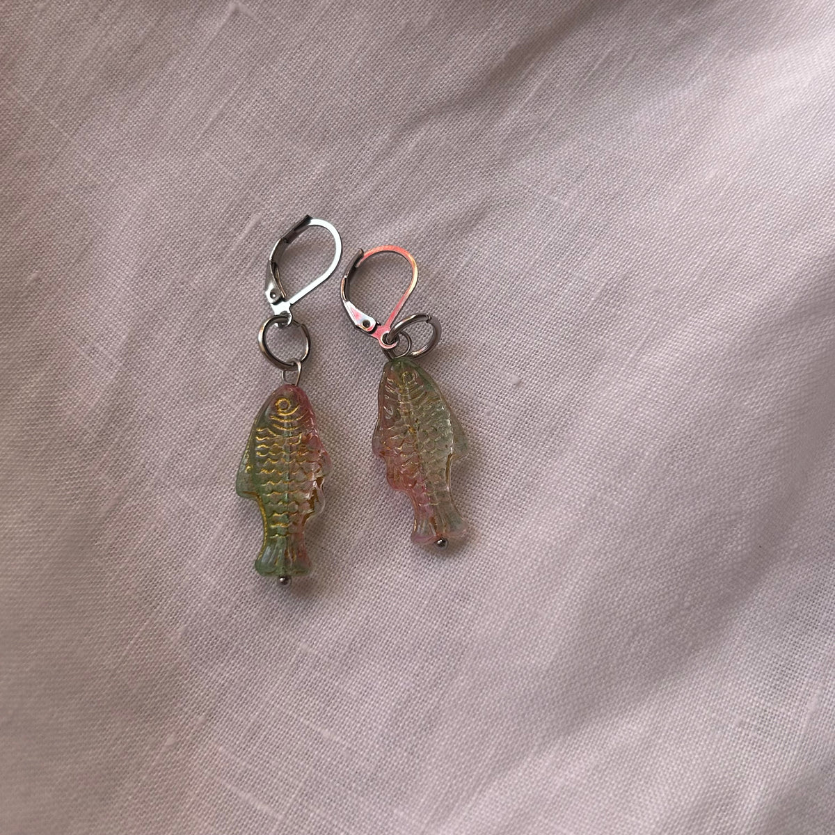Pink and green fish earrings