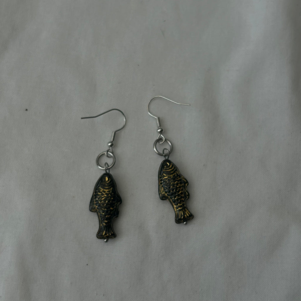 Gold on black fish earrings