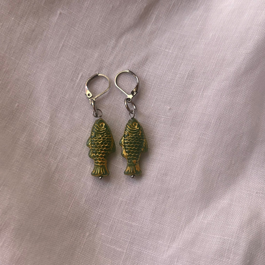 Gold on green fish earrings