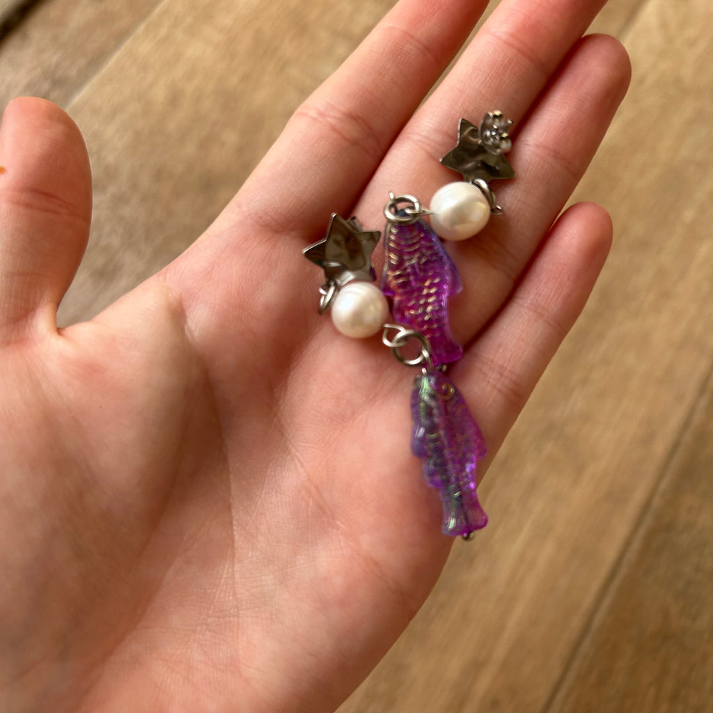 Purple jelly fish bead and freshwater pearl star earrings