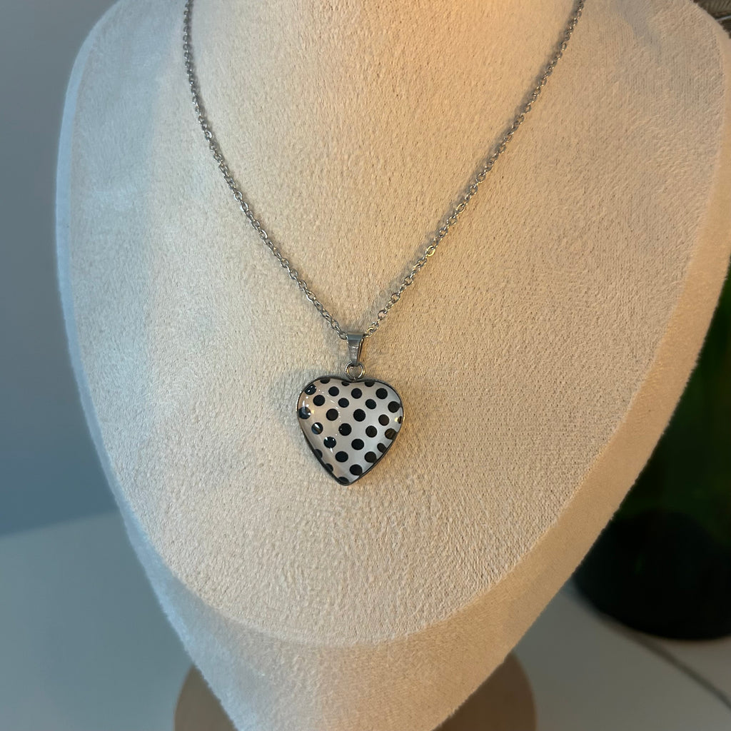 Polka dot resin glass heart stainless steel necklace