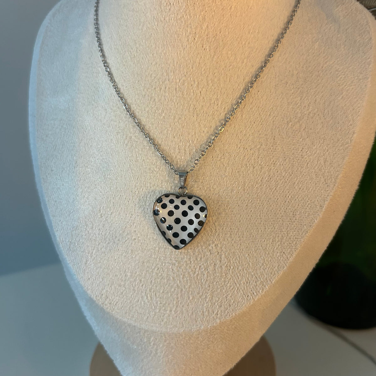 Polka dot resin glass heart stainless steel necklace