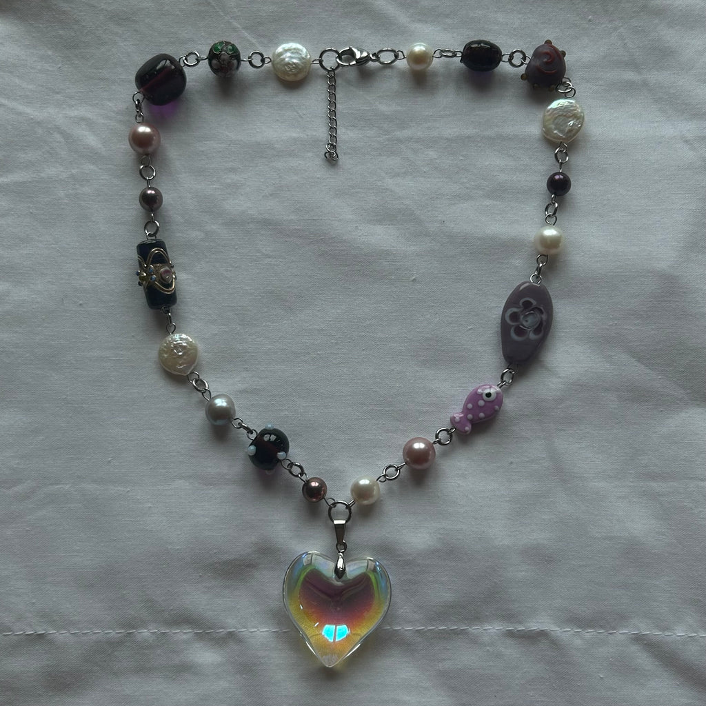 Iridescent glass heart necklace