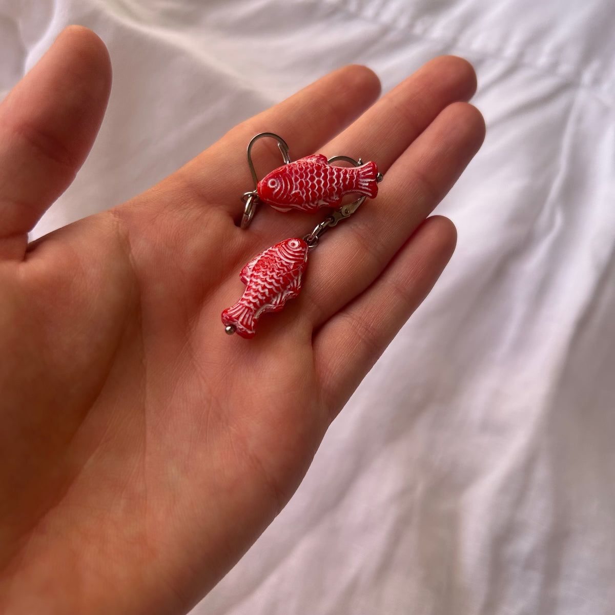 Red Czech glass fish earrings
