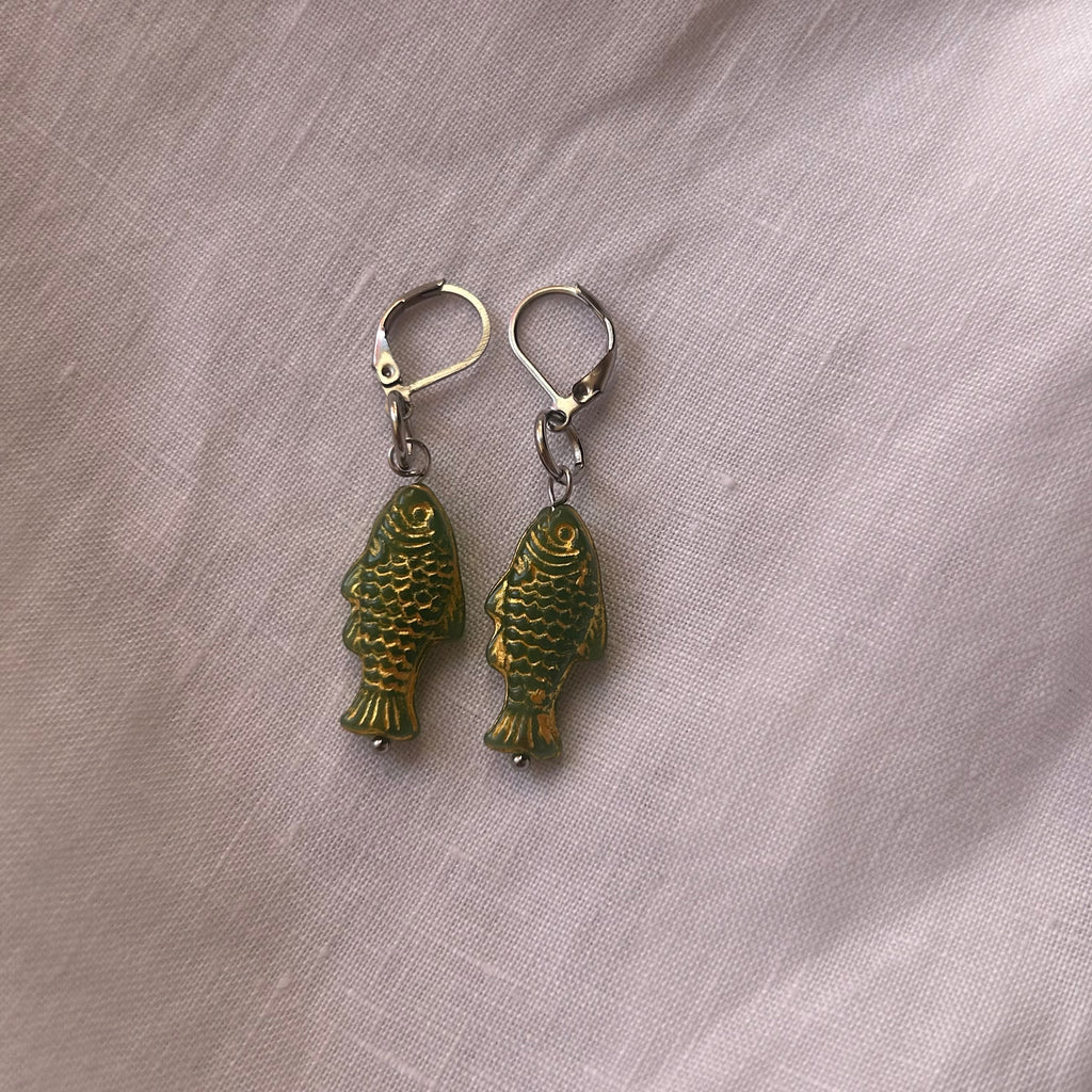 Gold on green fish earrings