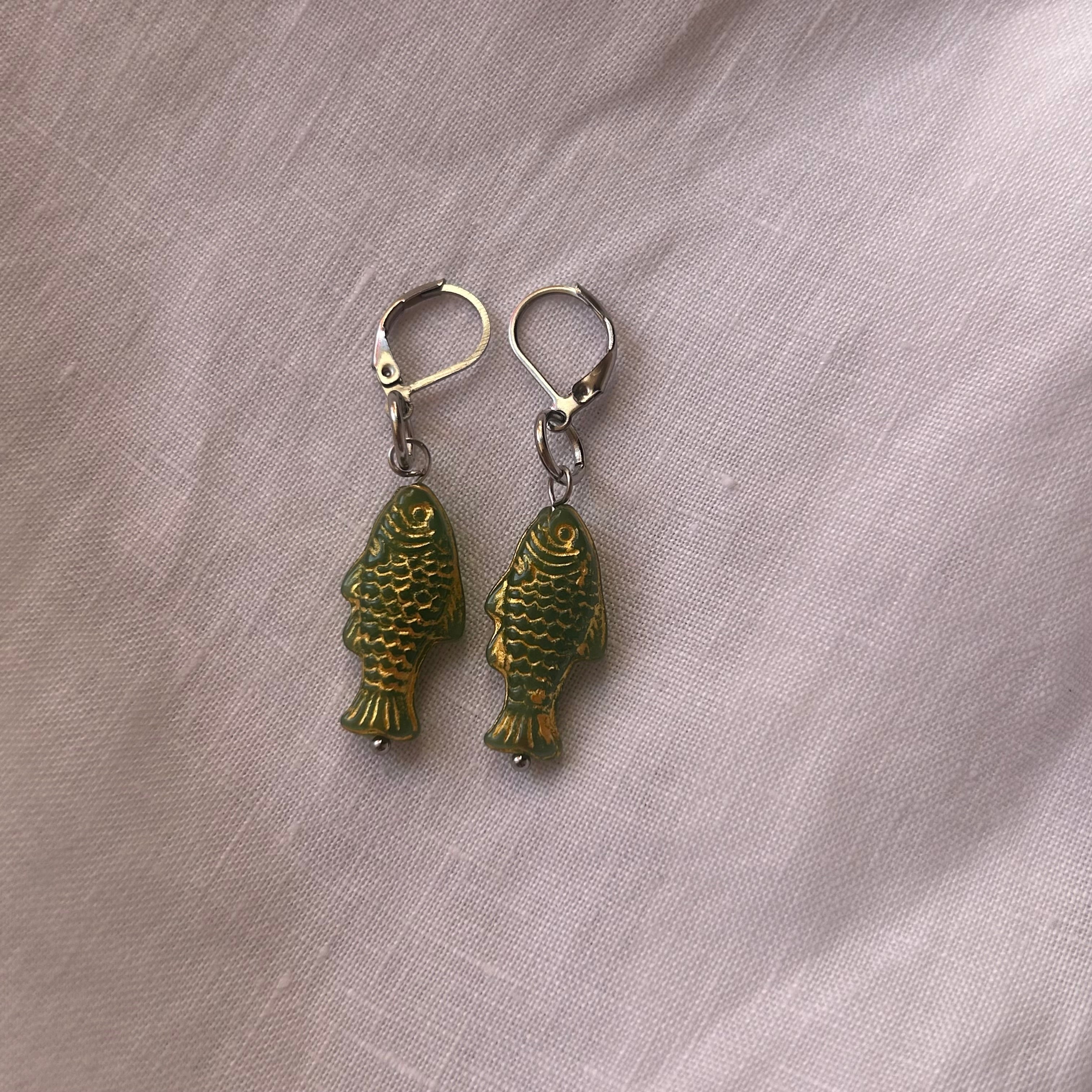 Gold on green fish earrings