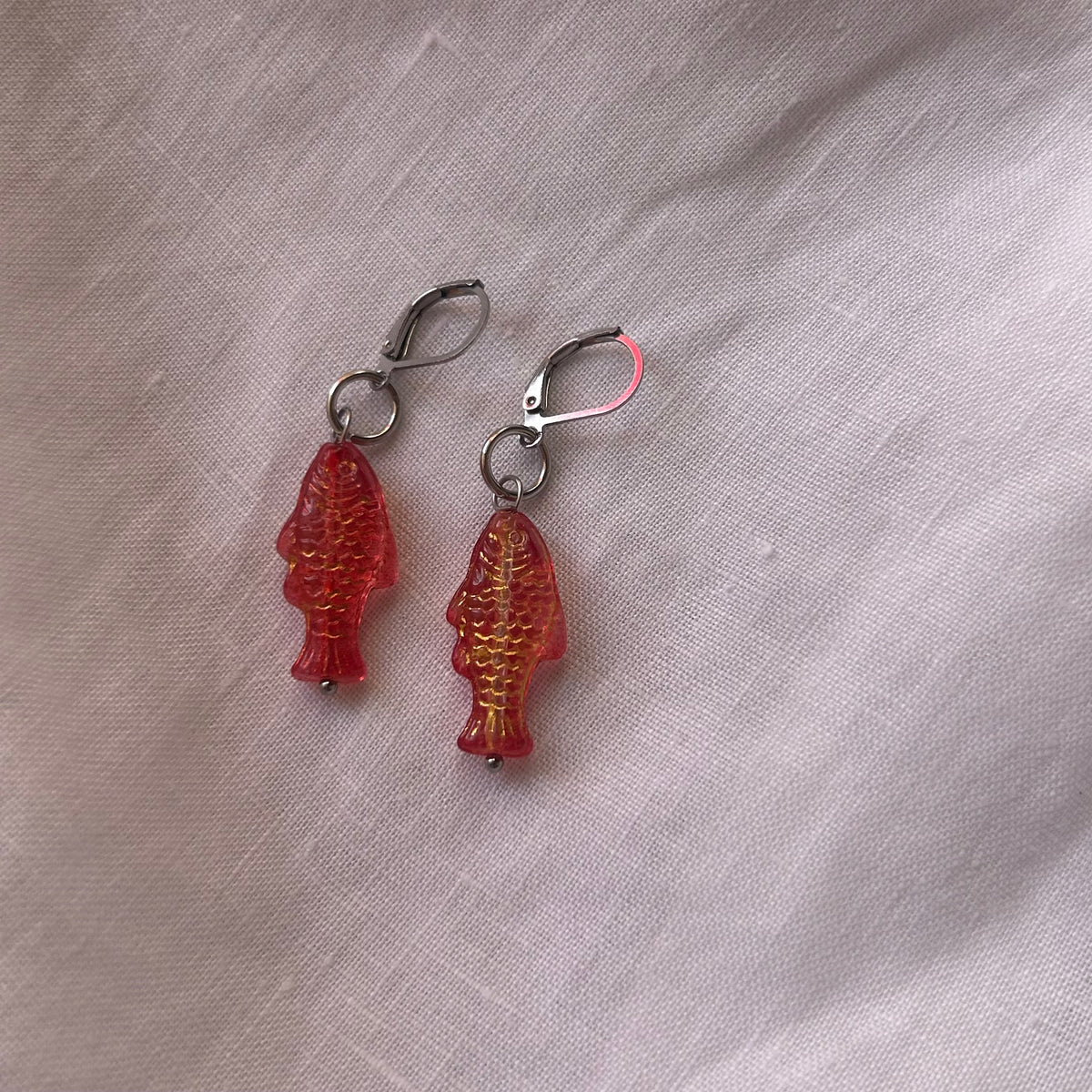 Gold on jelly red fish earrings