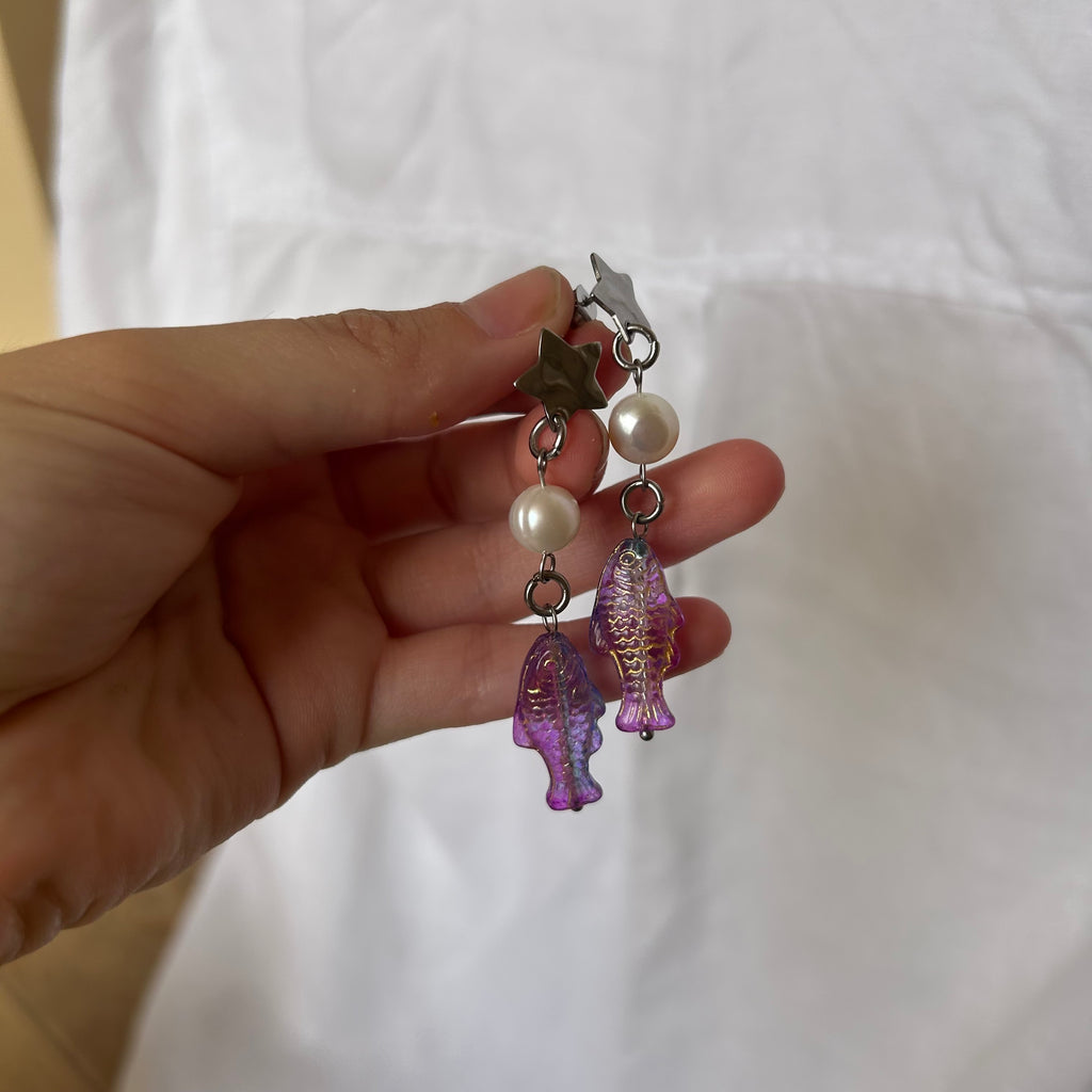 Purple jelly fish bead and freshwater pearl star earrings