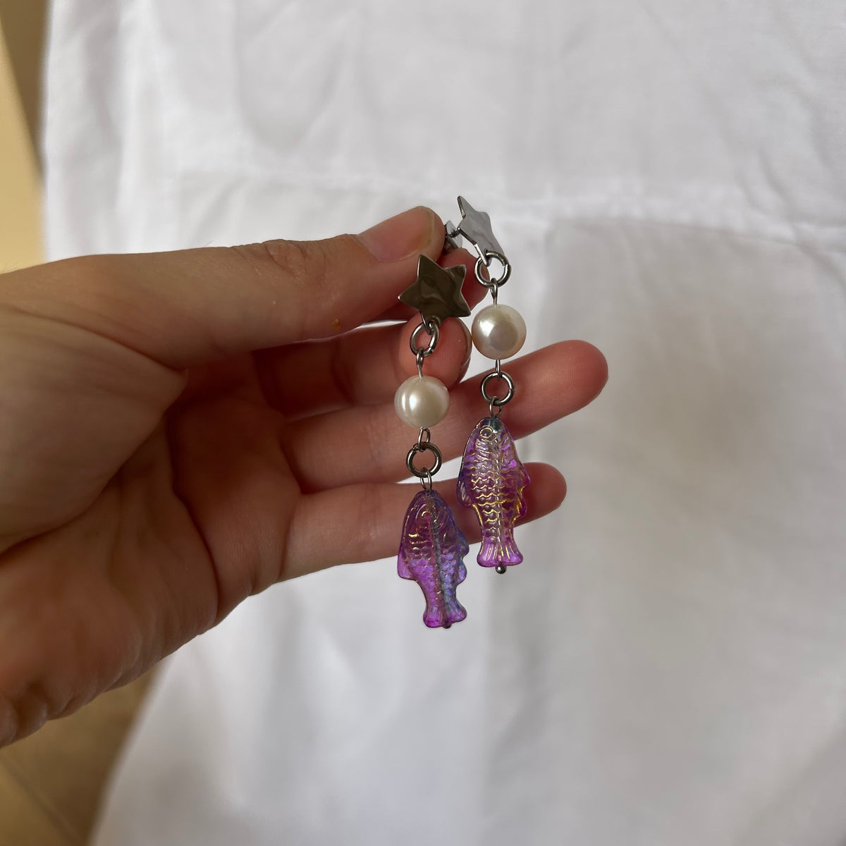 Purple jelly fish bead and freshwater pearl star earrings