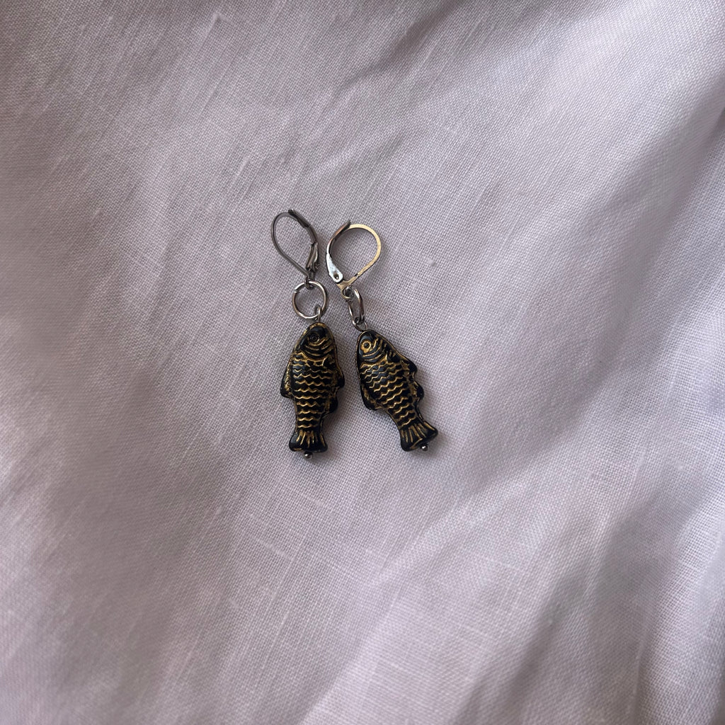 Gold on black fish earrings