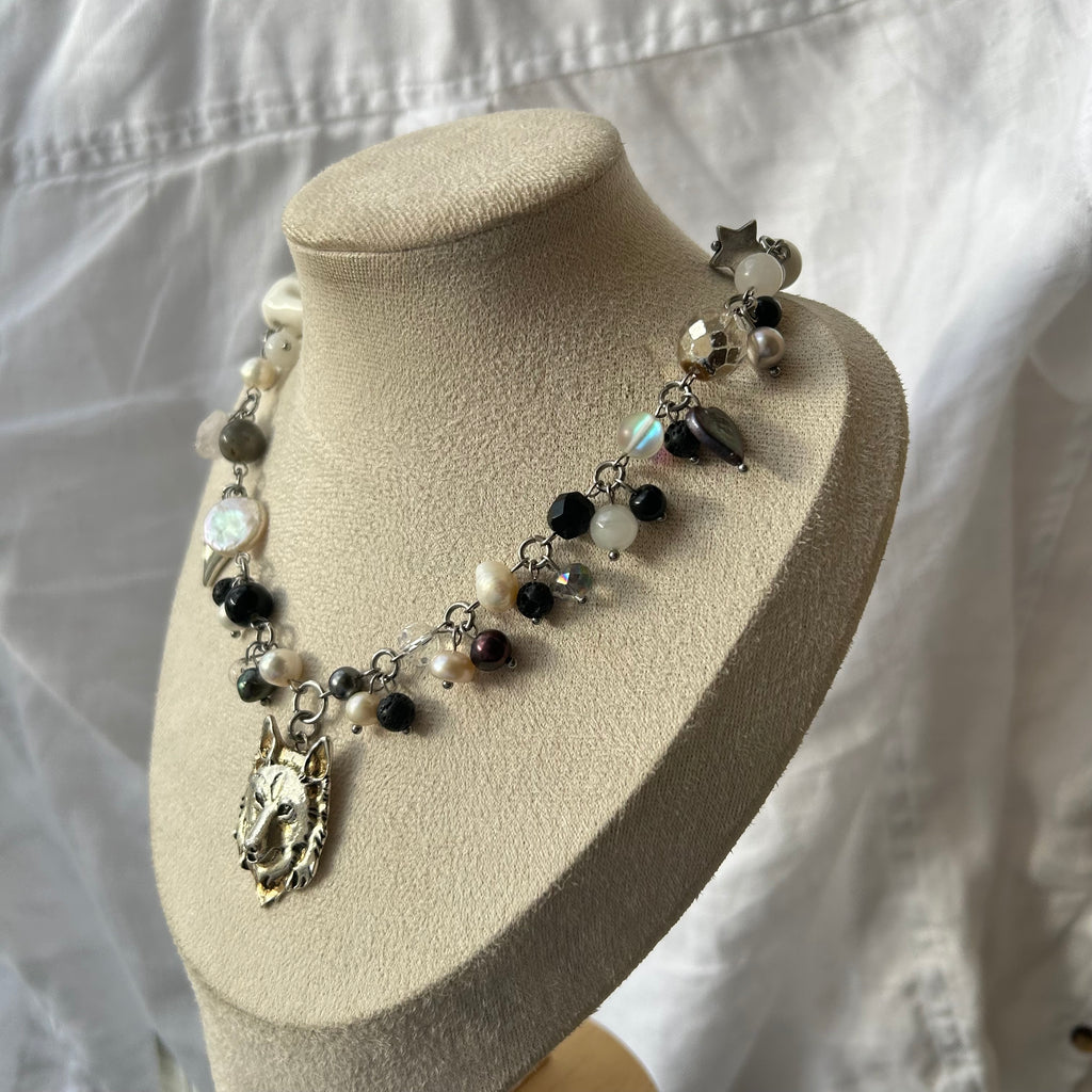 Wolf face cluster necklace