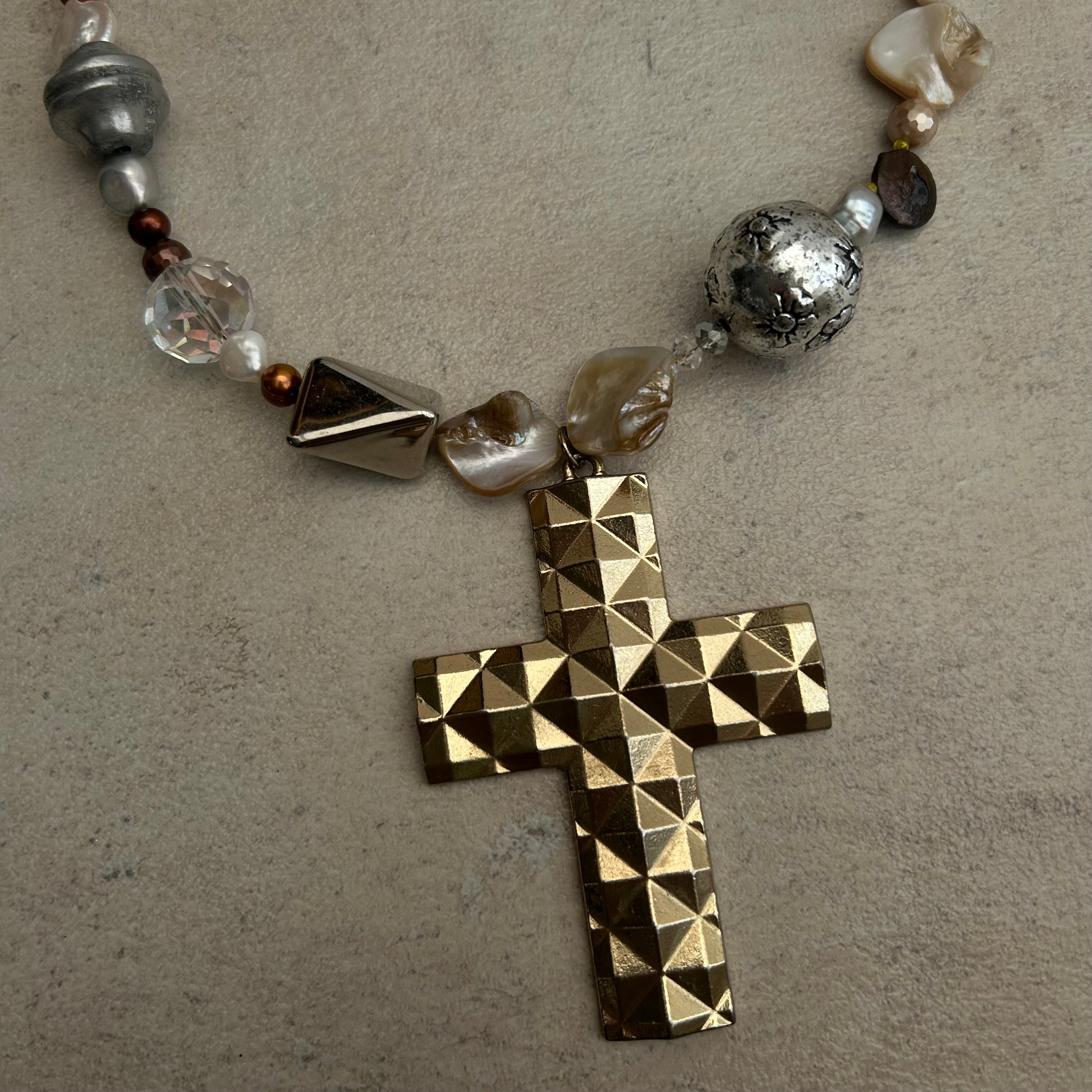 Chunky cross mixed metals necklace