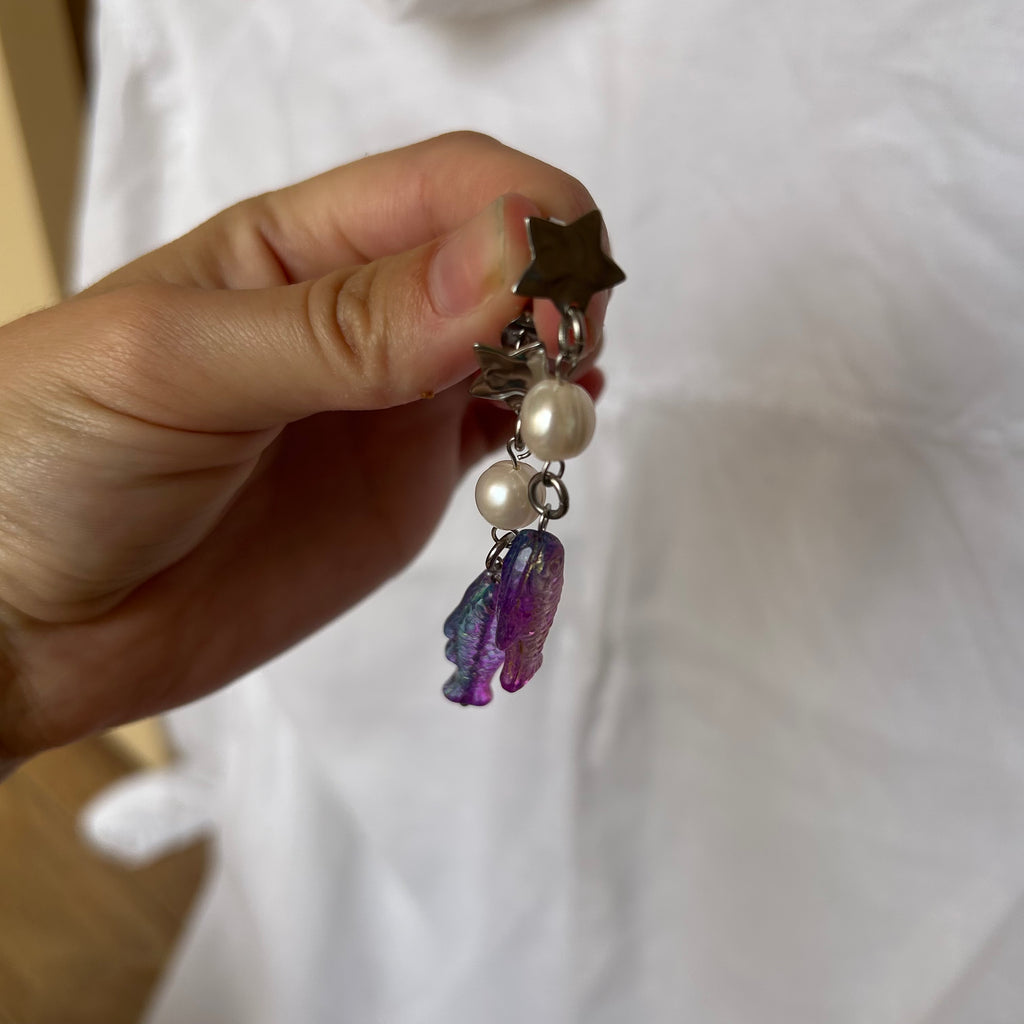 Purple jelly fish bead and freshwater pearl star earrings