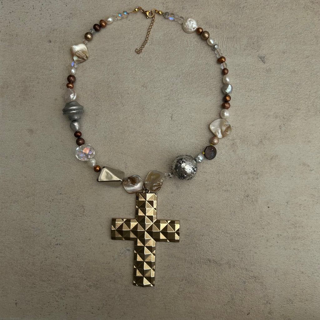 Chunky cross mixed metals necklace