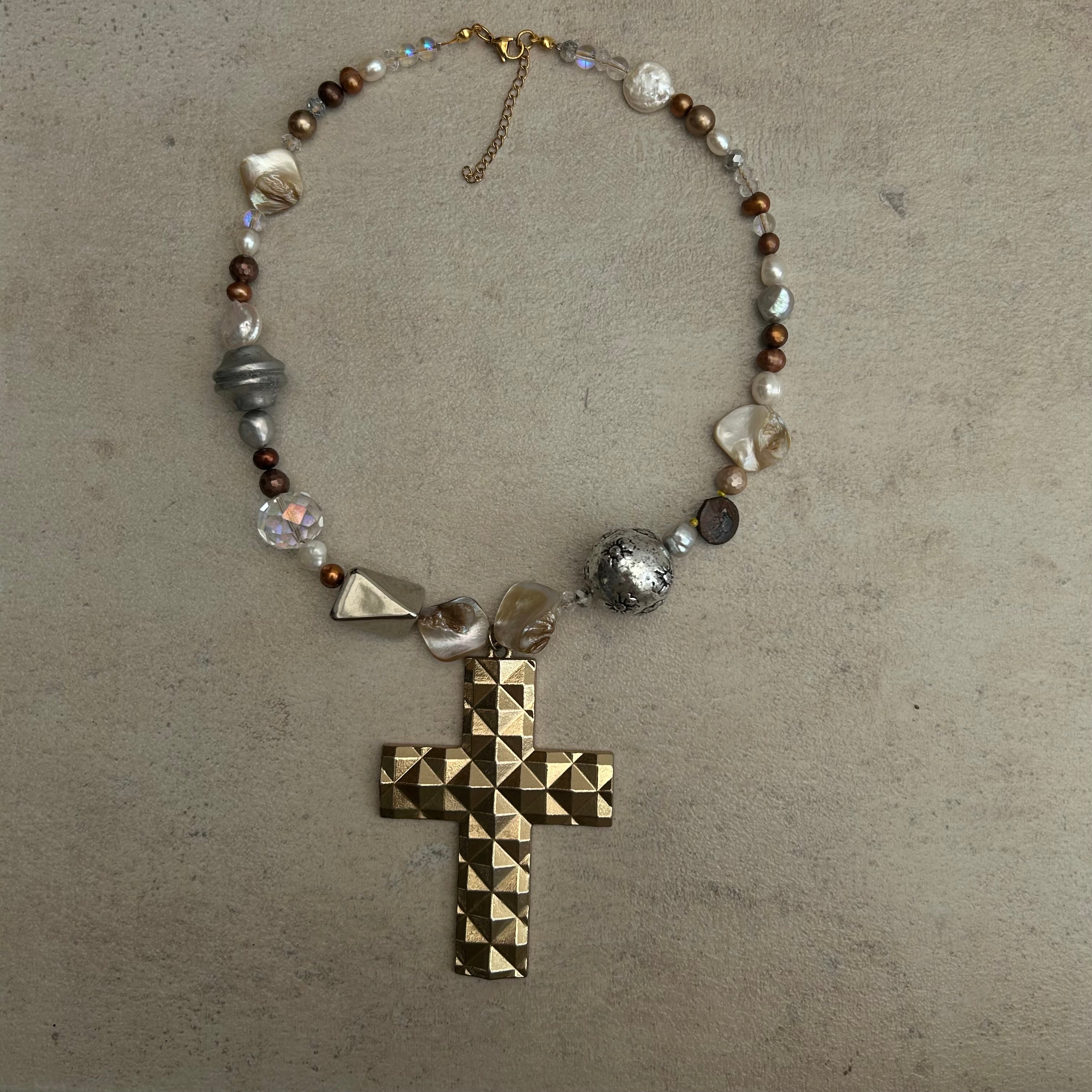 Chunky cross mixed metals necklace