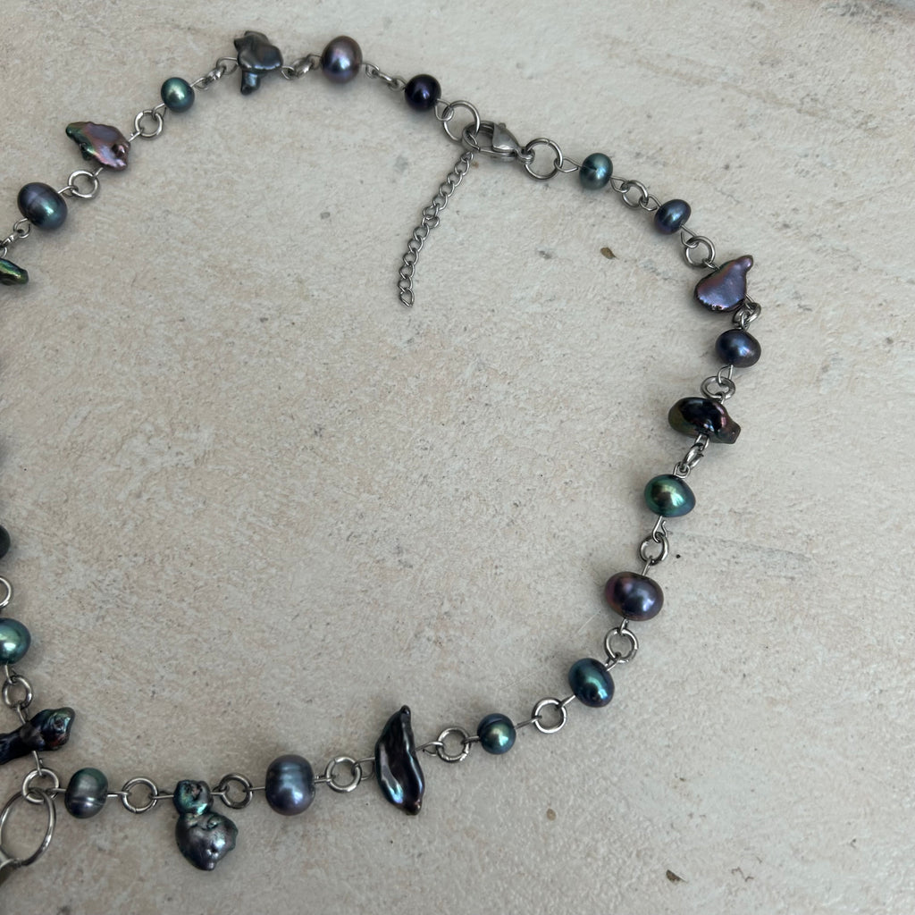 dark blue glass heart and freshwater pearl necklace