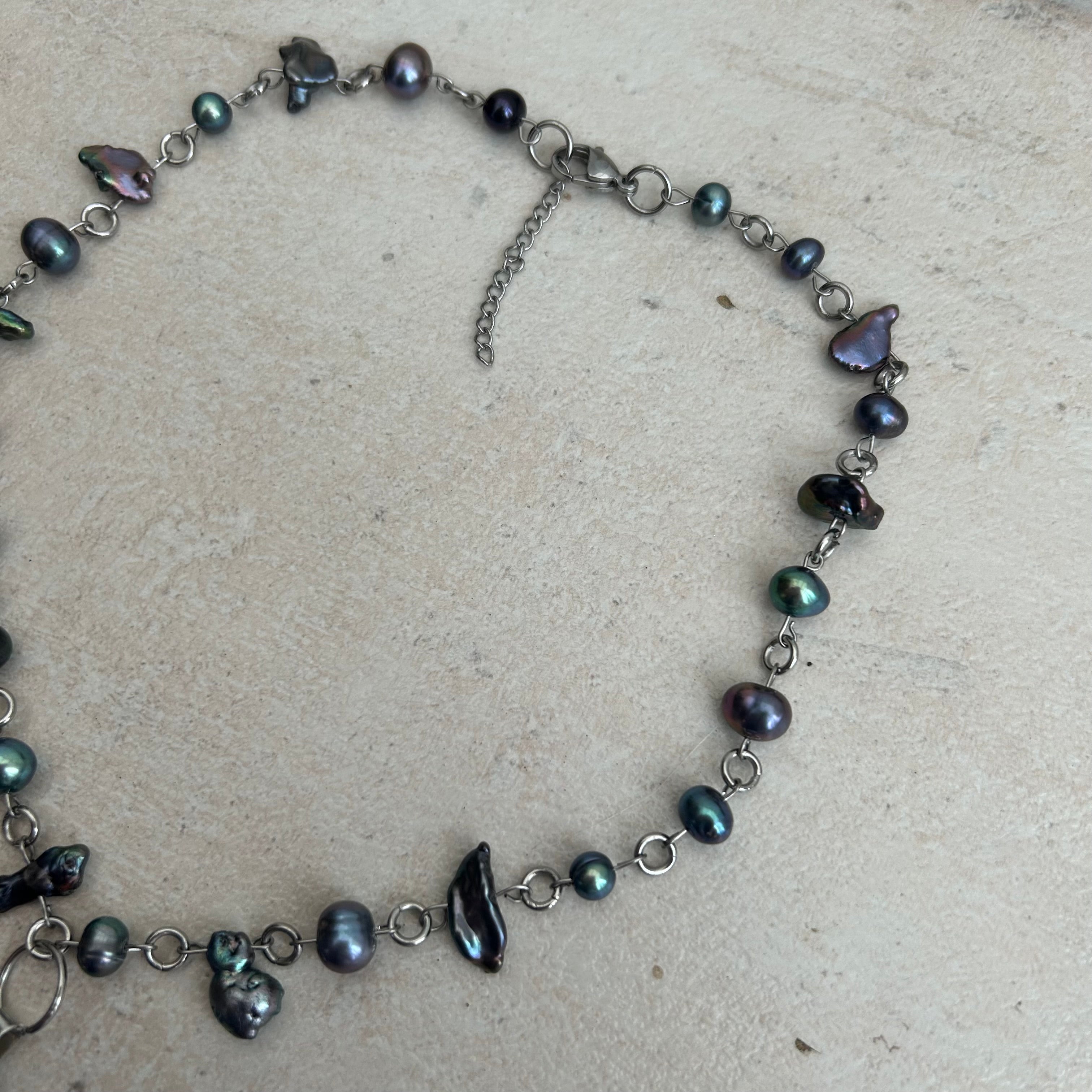 dark blue glass heart and freshwater pearl necklace