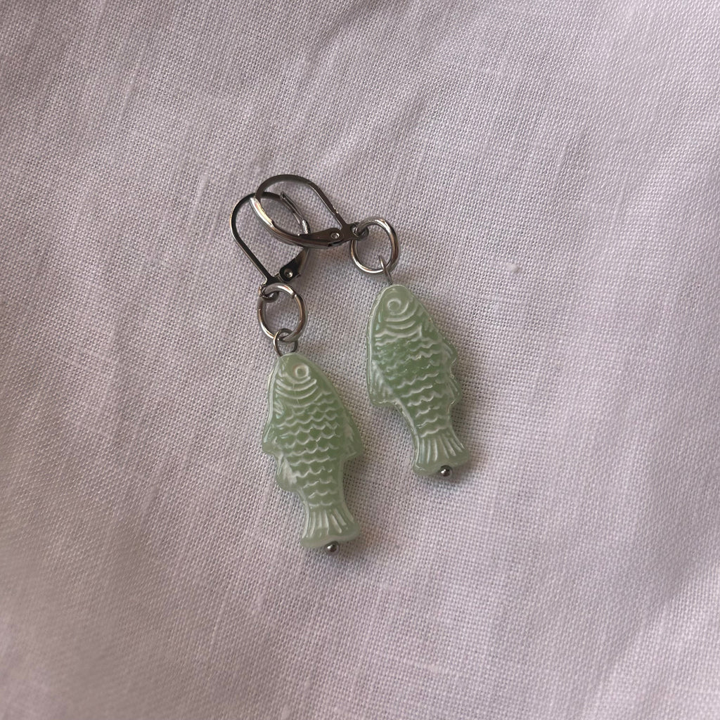 Sage green fish earrings