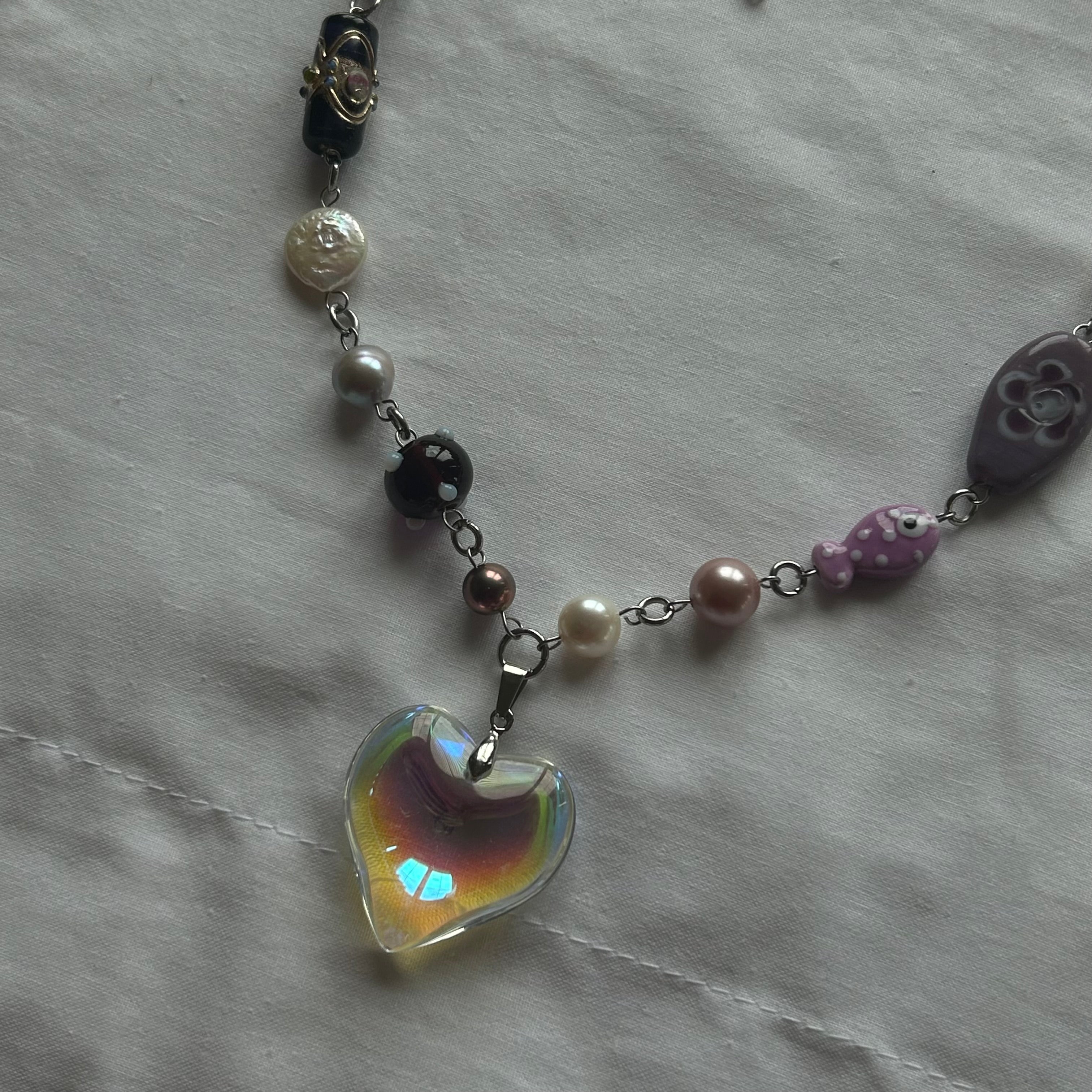 Iridescent glass heart necklace