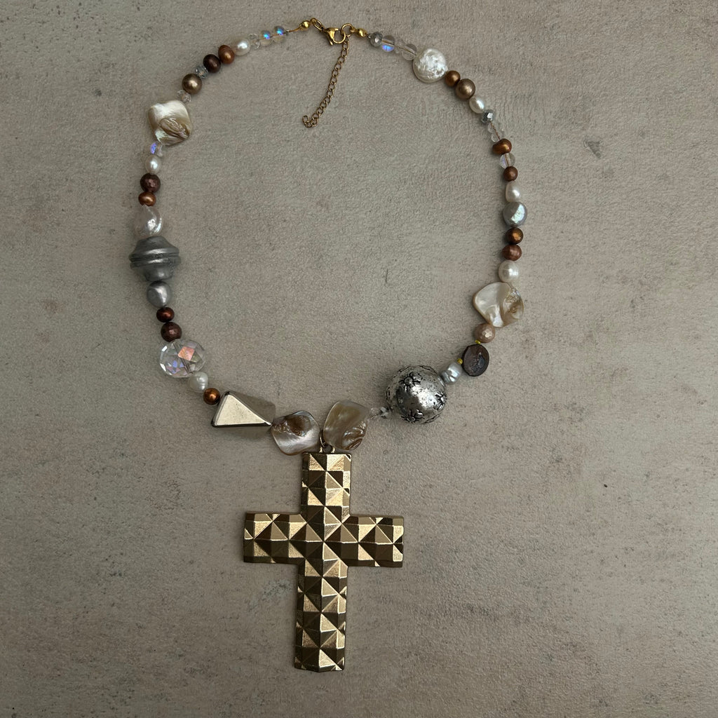Chunky cross mixed metals necklace