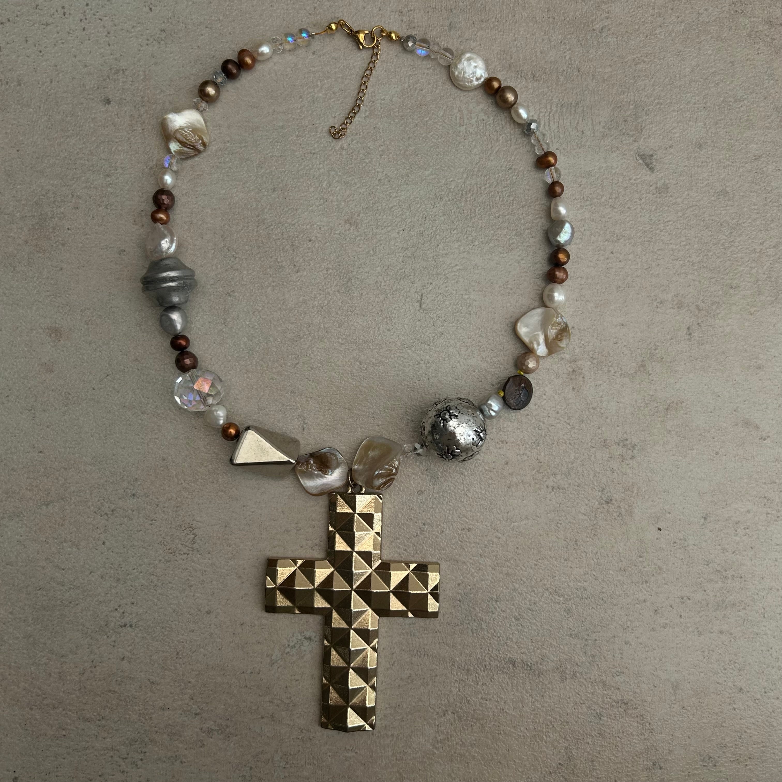 Chunky cross mixed metals necklace