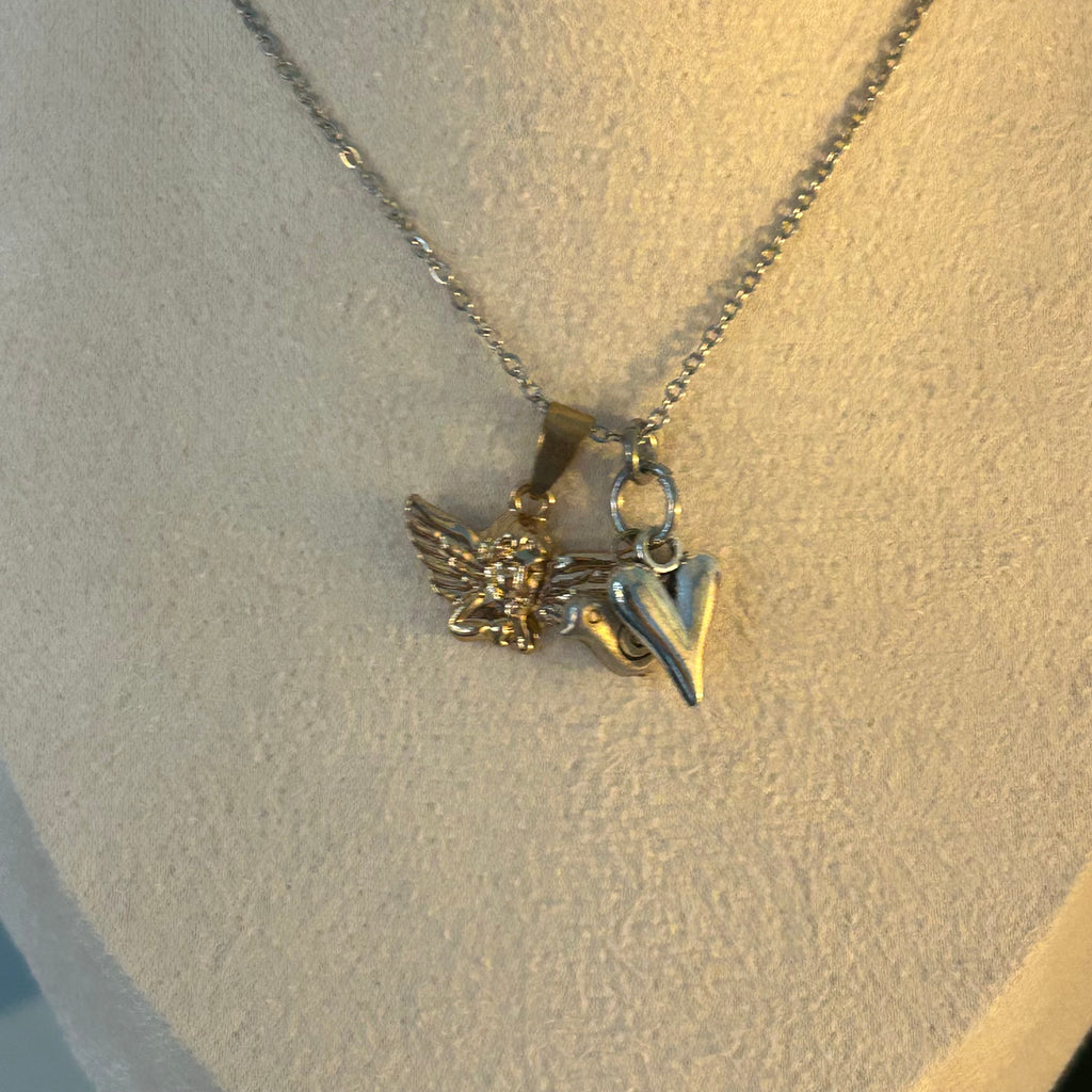 Gold & Silver angel, heart and bird necklace