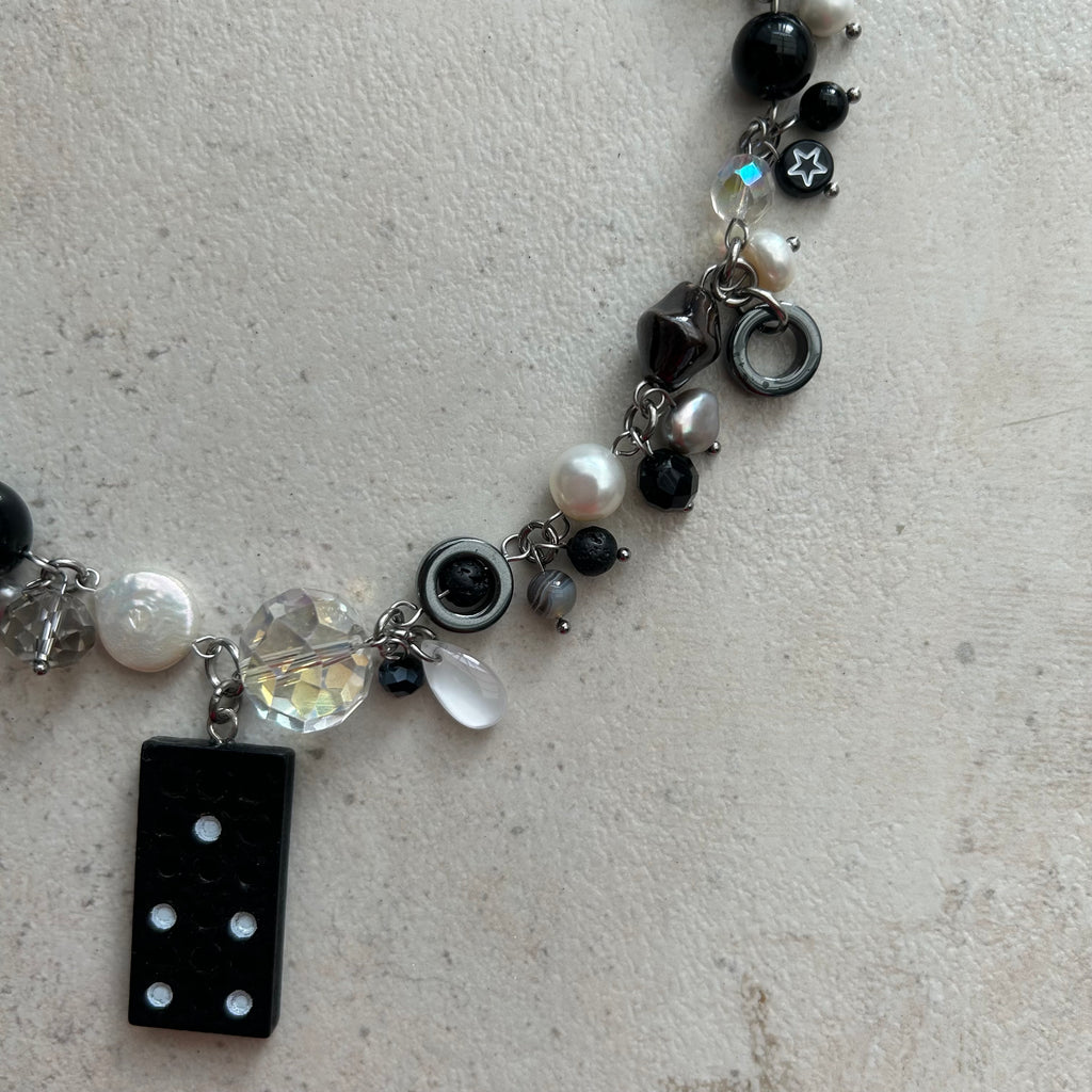 Polka dot b&w domino pendant necklace
