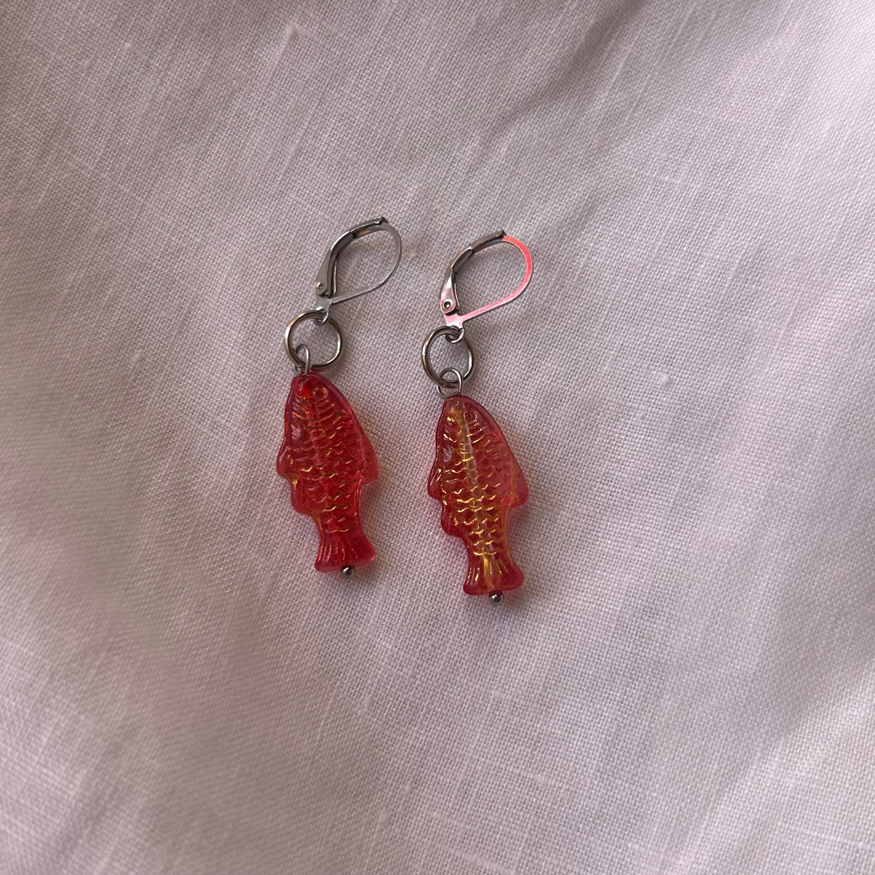 Gold on jelly red fish earrings