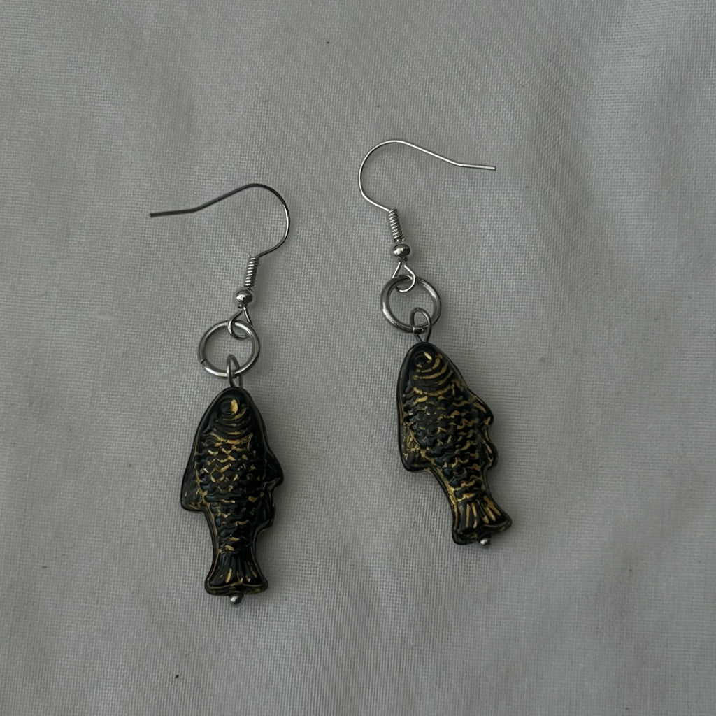Gold on black fish earrings