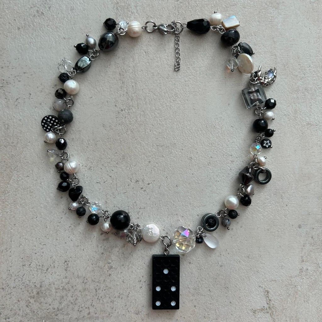 Polka dot b&w domino pendant necklace
